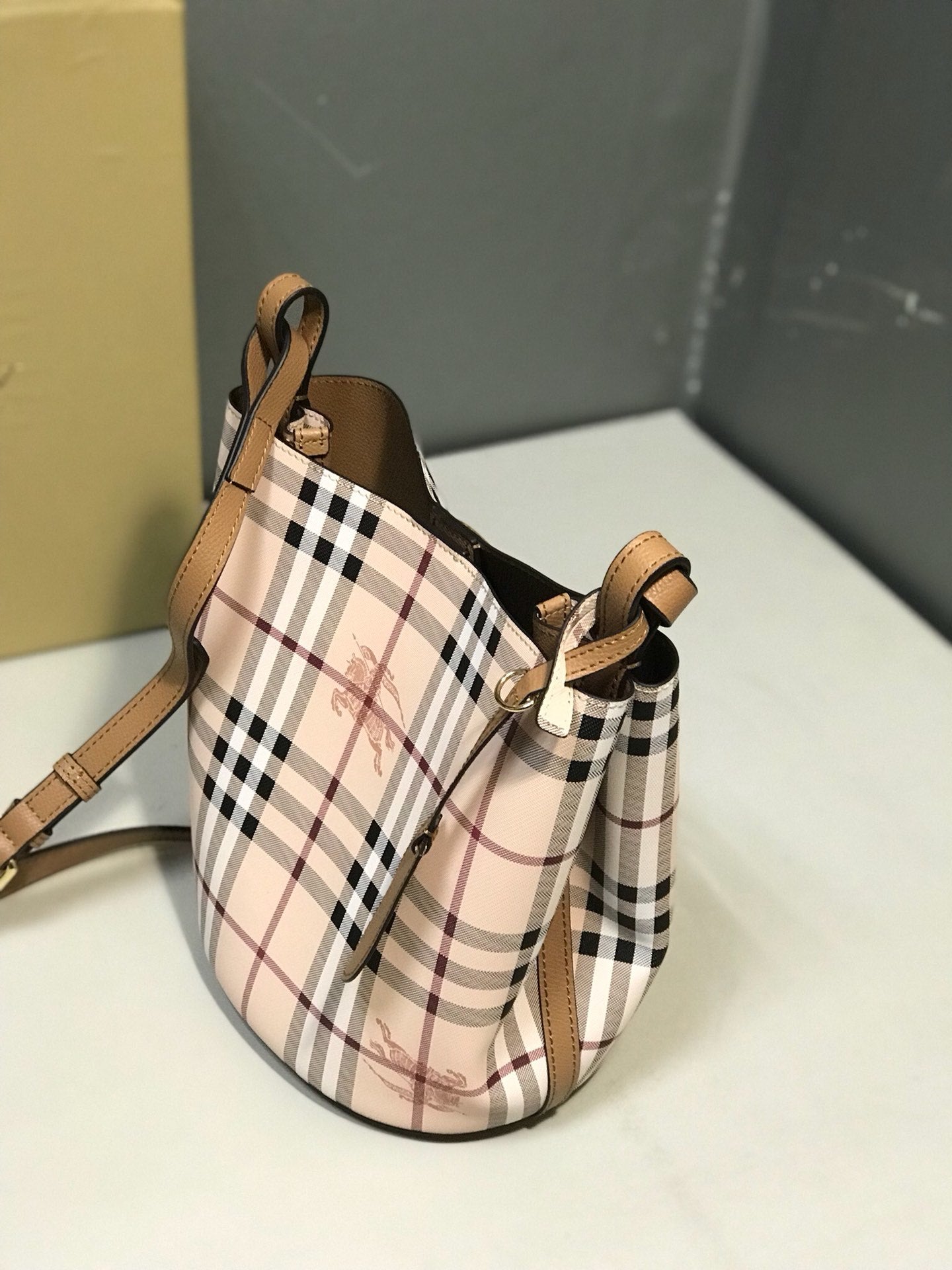 Burberry Lorne Bucket Bag Haymarket Check Coated Canvas Luxury Handbag