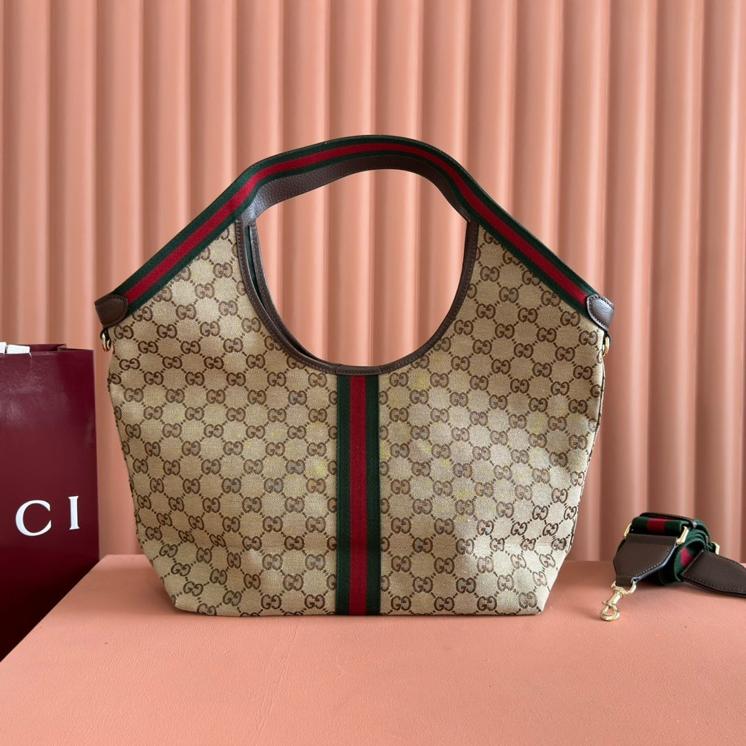 Gucci Giglio Large Tote Bag in Beige and Dark Brown GG Canvas with Web Trim