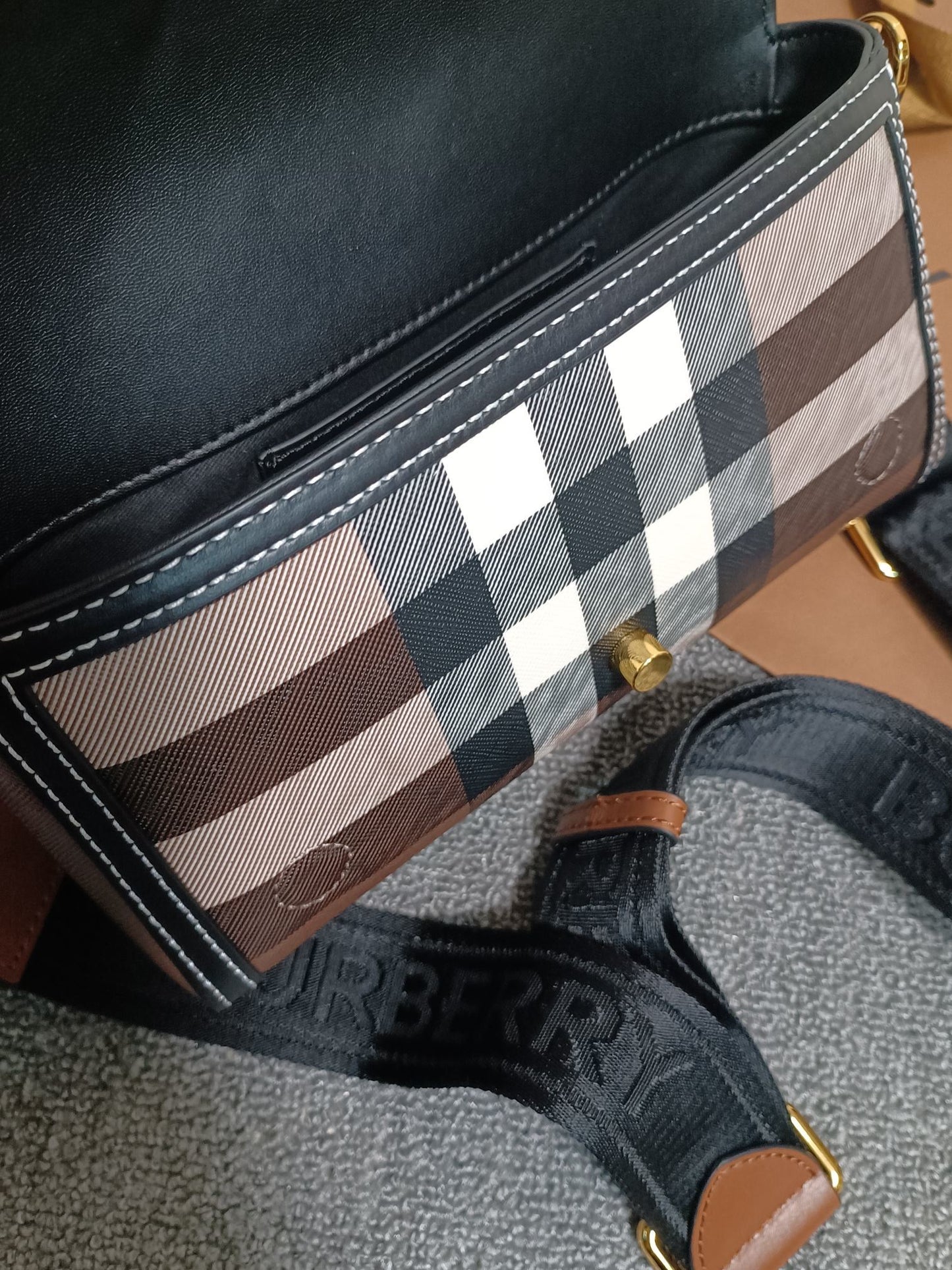 Burberry Note Bag Dark Birch Brown Check Canvas Luxury Crossbody