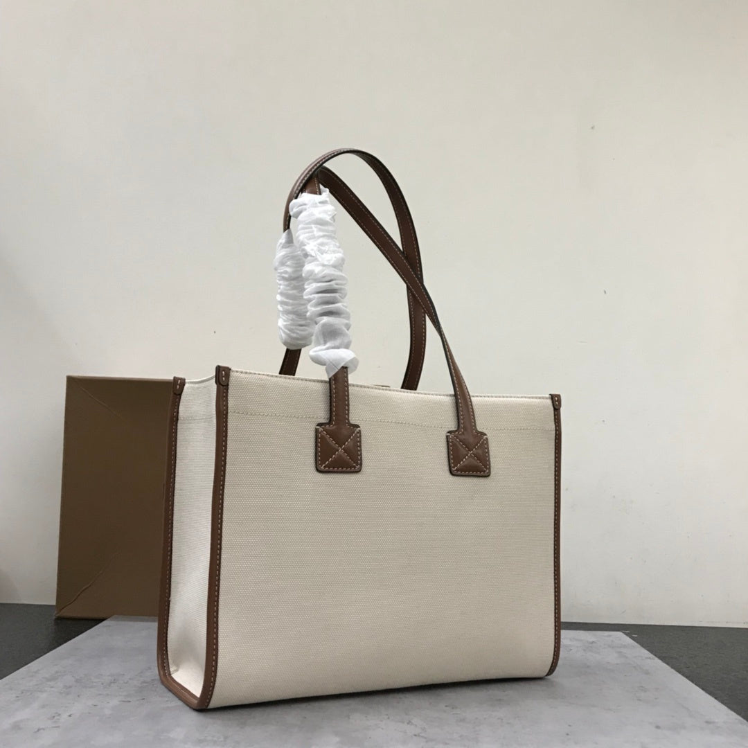 Burberry Freya Tote Bag Natural Canvas with Leather Topstitching
