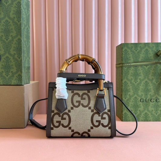 Gucci Diana Mini Tote Bag in Camel & Ebony Jumbo GG Canvas with Brown Leather Trim and Bamboo Handles