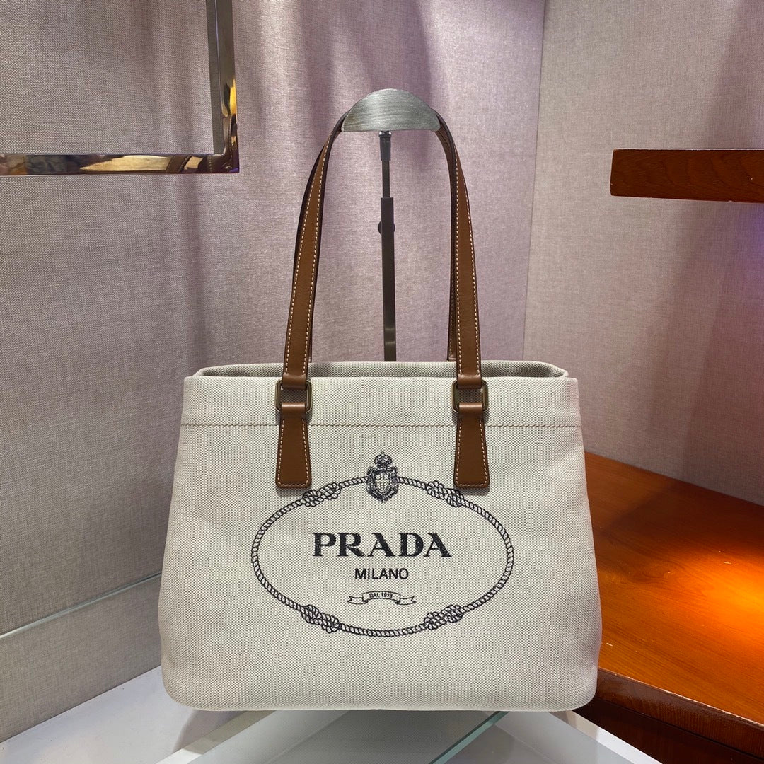 Prada Logo-Print Canvas Tote Bag with Leather Handles – Naturale & Cognac