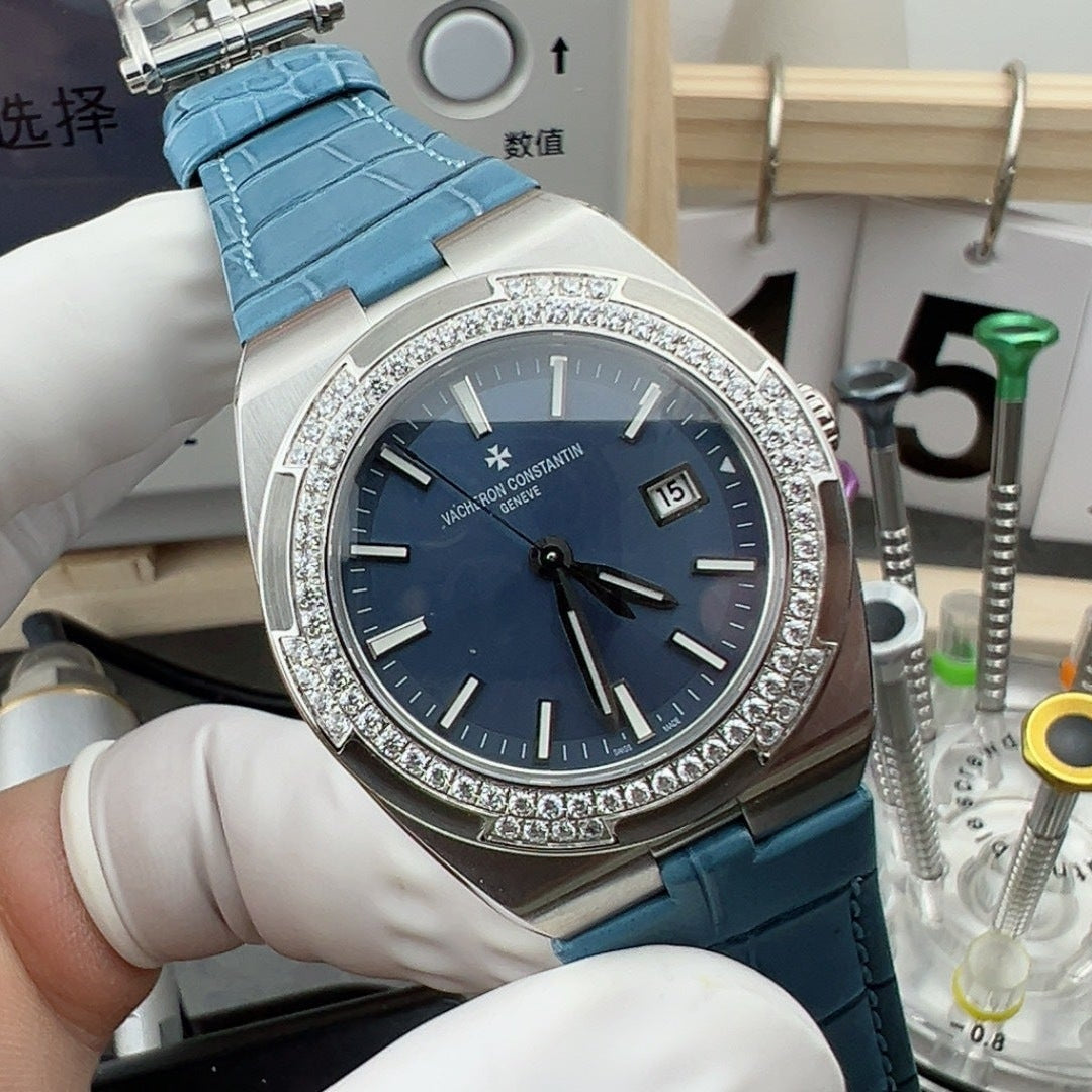Vacheron Constantin Overseas Quartz 33mm – Stainless Steel, Blue Dial, Diamond-Set Bezel
