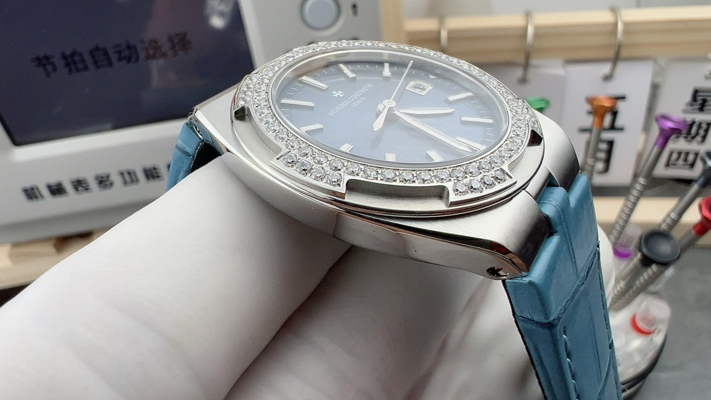 Vacheron Constantin Overseas Quartz 33mm – Stainless Steel, Blue Dial, Diamond-Set Bezel