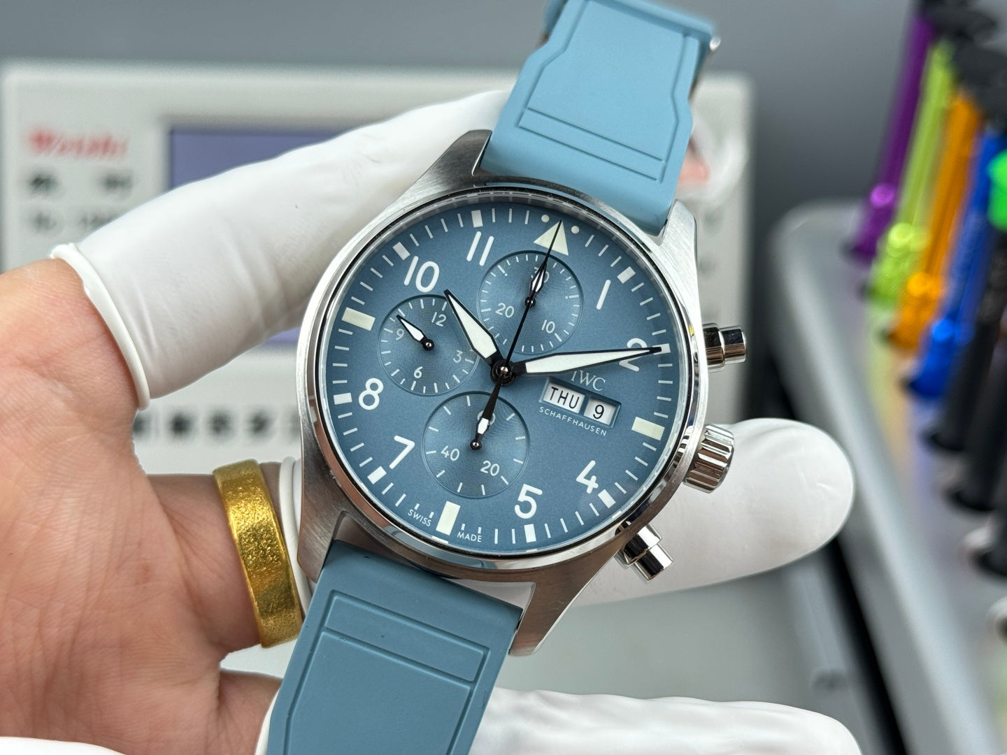IWC Pilot’s Watch Chronograph 41 – Stainless Steel, Blue Dial, Light Blue Rubber Strap