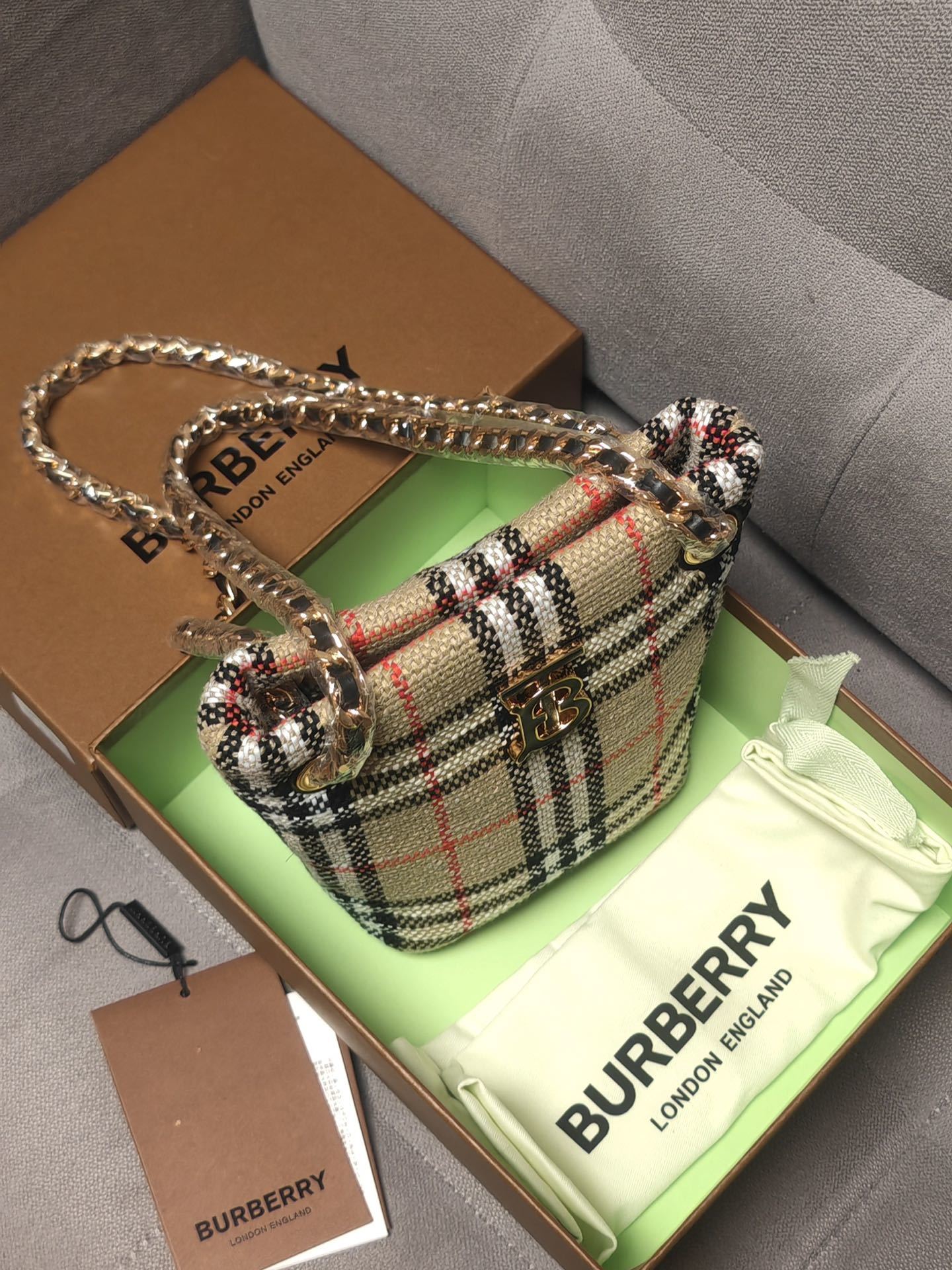 Burberry Mini Lola Bucket Bag in Archive Beige Check Bouclé