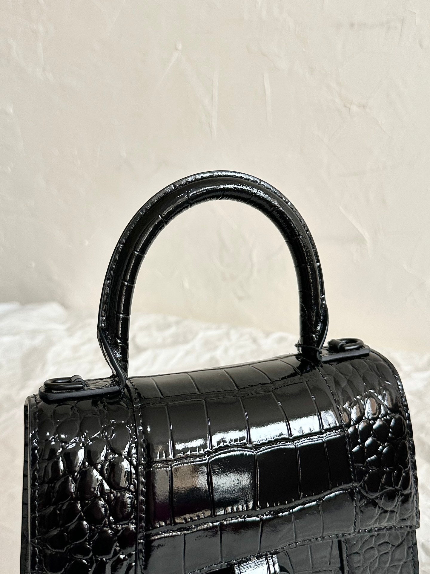 Balenciaga Hourglass Black Crocodile-Embossed Top Handle Bag