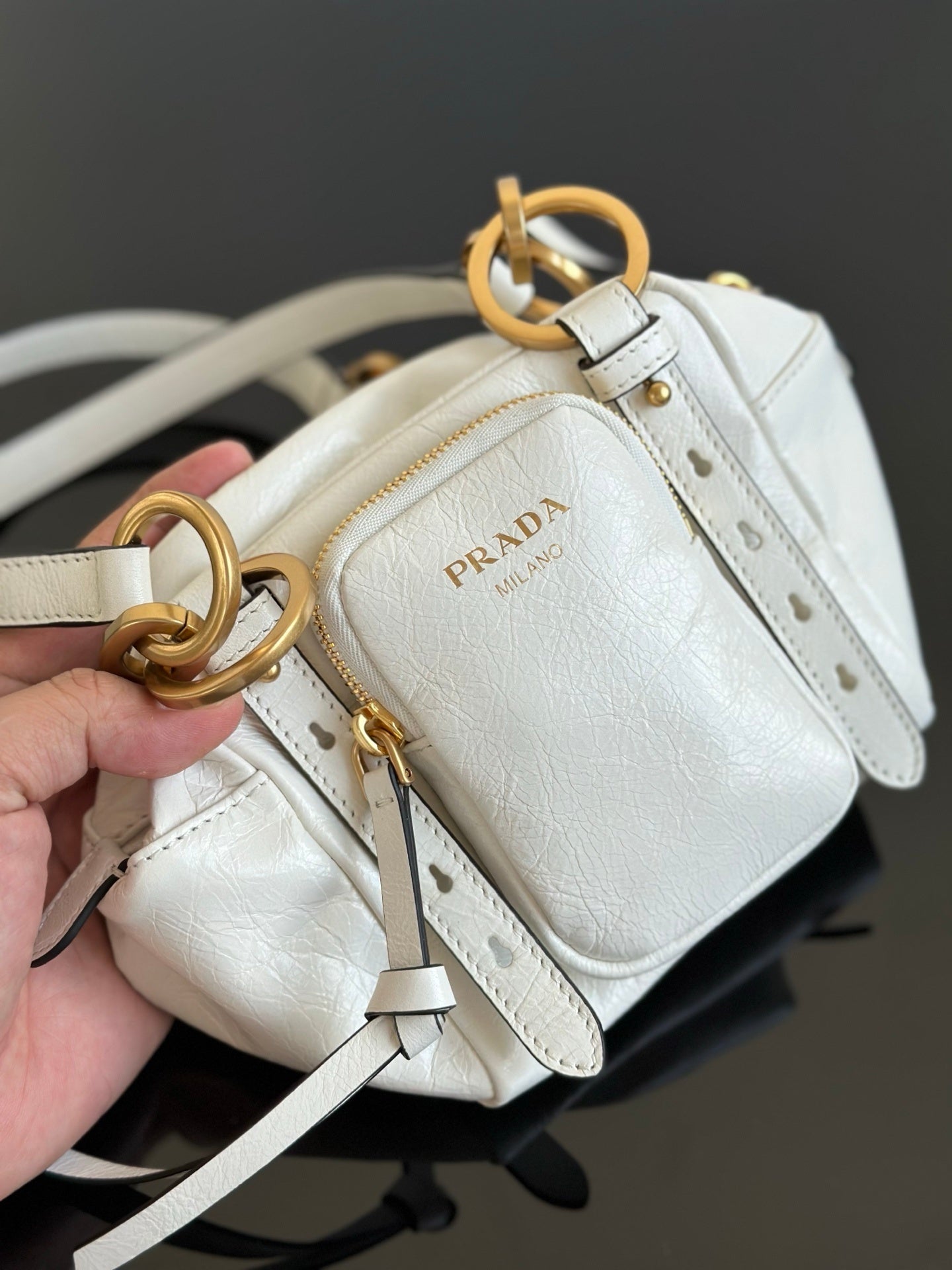 Prada Dangle Mini White Distressed Leather Top-Handle Bag