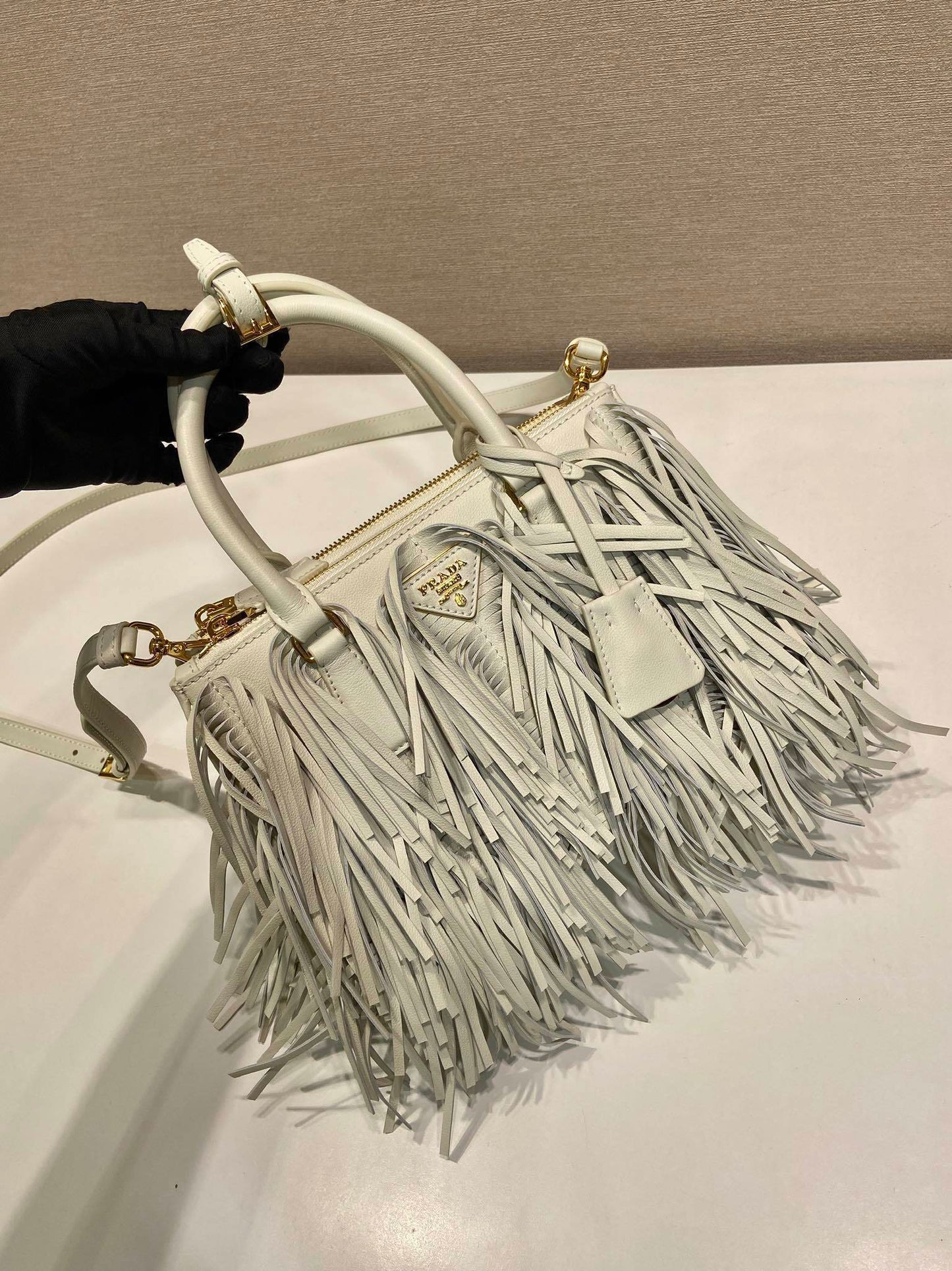 Prada Small Galleria White Tote Bag with Fringe Detailing
