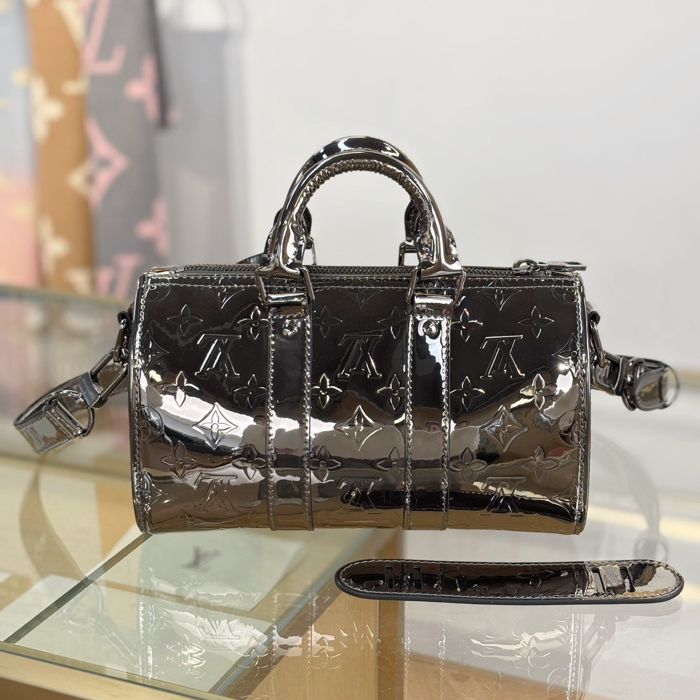 Louis Vuitton Keepall Bandoulière 25 Bag in Gunmetal Monogram Mirror Canvas