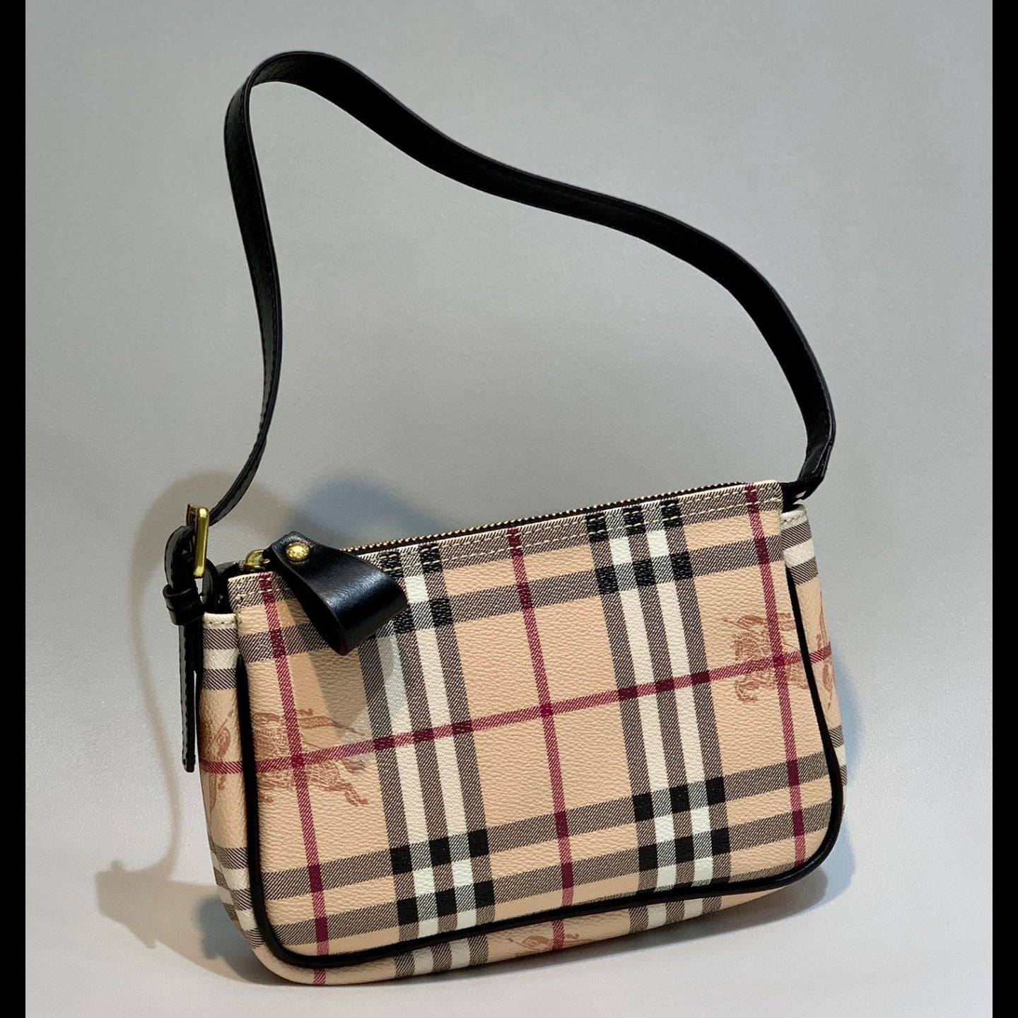 Burberry Nova Check Shoulder Bag Beige Coated Canvas with Black Leather Strap