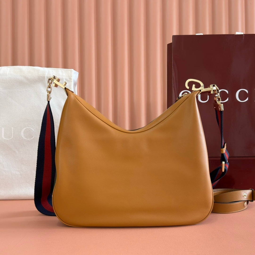 Gucci Attache Large Leather Shoulder Bag in Tan with Web-Stripe Strap