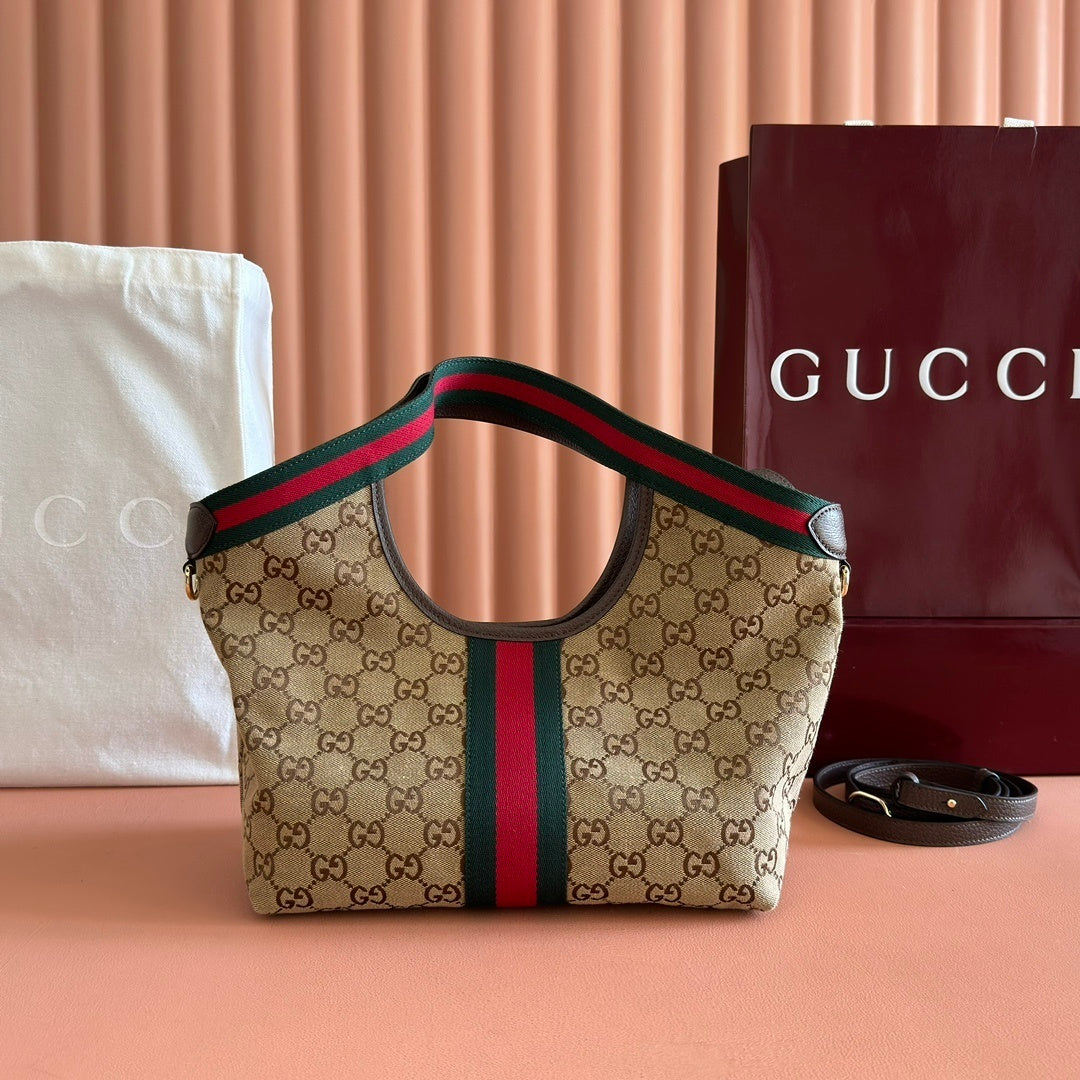 Gucci Giglio Small Tote Bag in Beige and Dark Brown GG Canvas with Web Trim