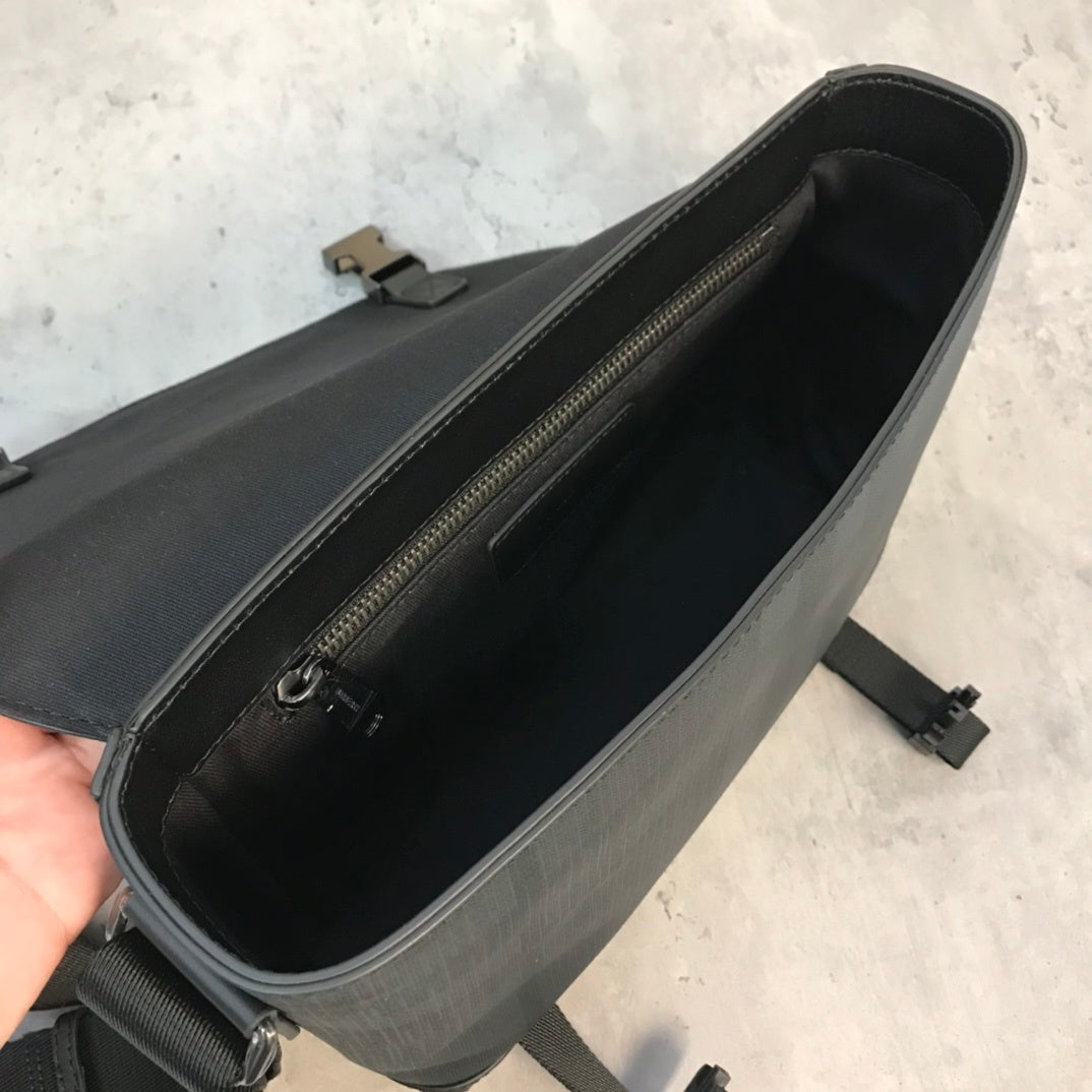 Burberry Black Charcoal Check Messenger Bag with Leather Trim
