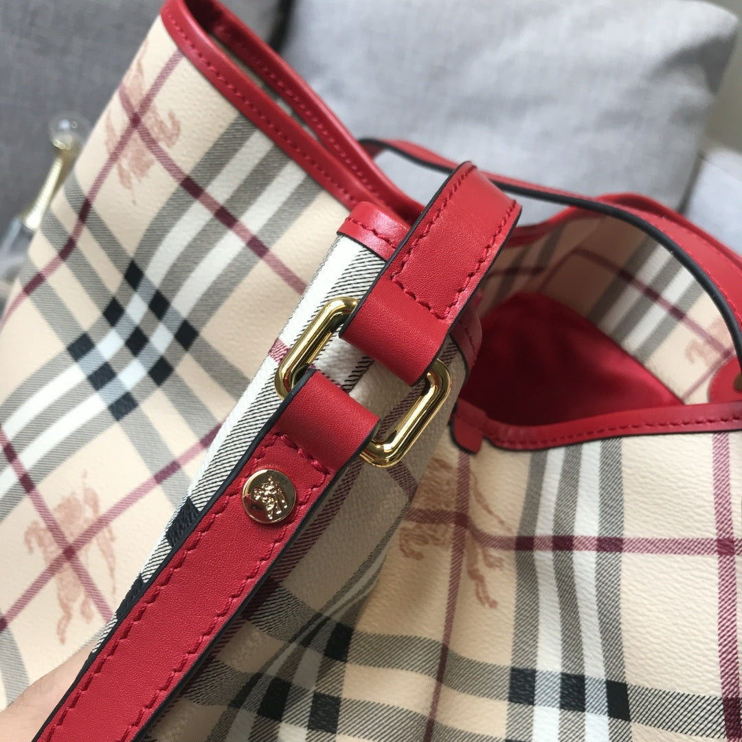 Burberry Canterbury Tote Haymarket Check Canvas & Red Leather Bag