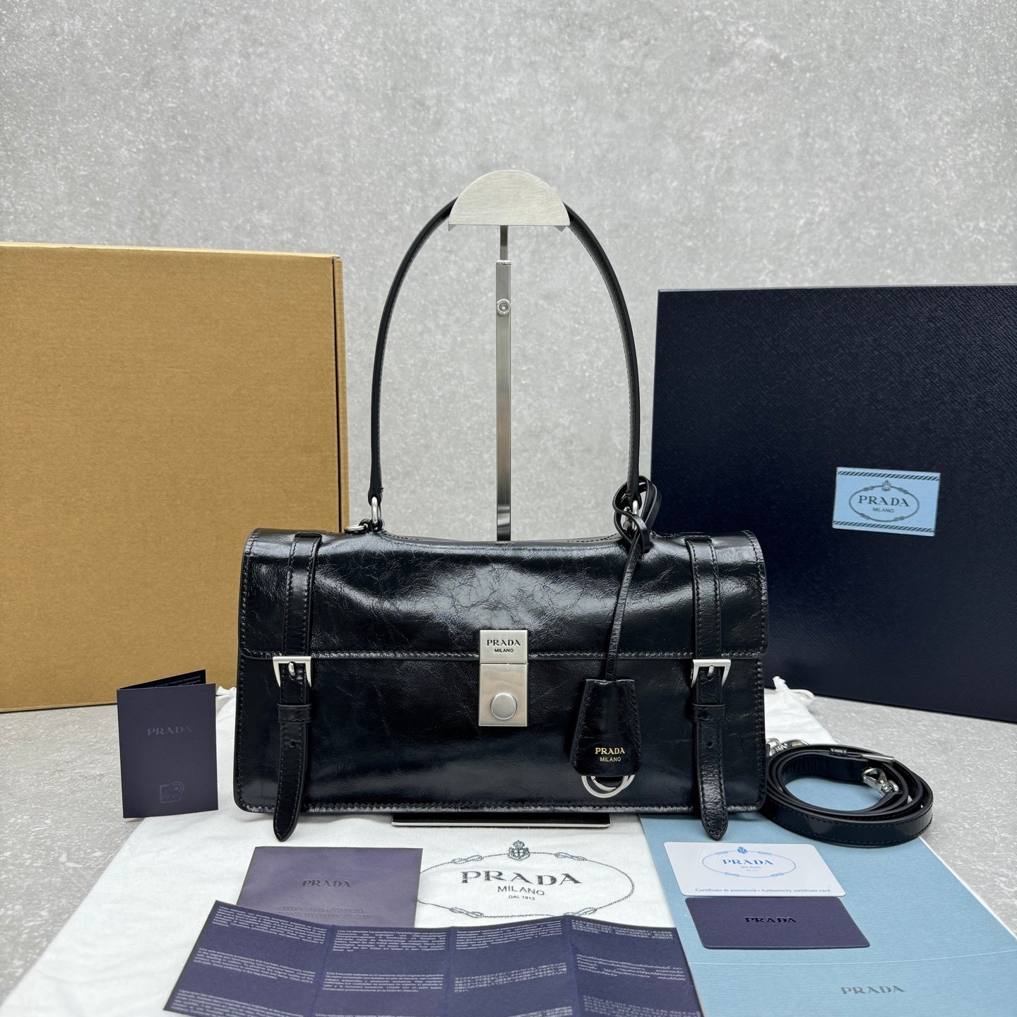 Prada Soft Lux Medium Black Polished Leather Handle Bag