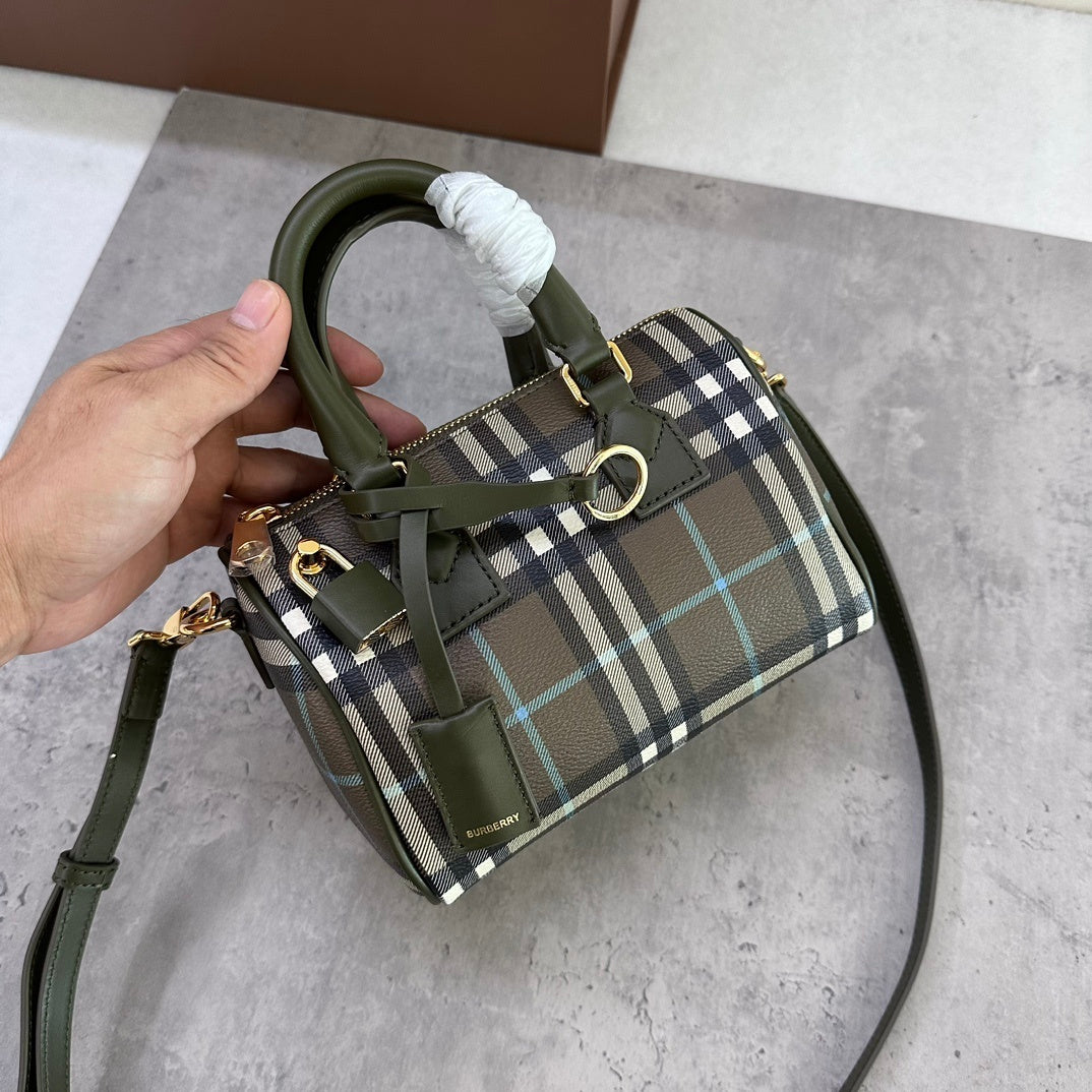 Burberry Bowling Bag in Olive Green Check Coated Cotton with Padlock Charm