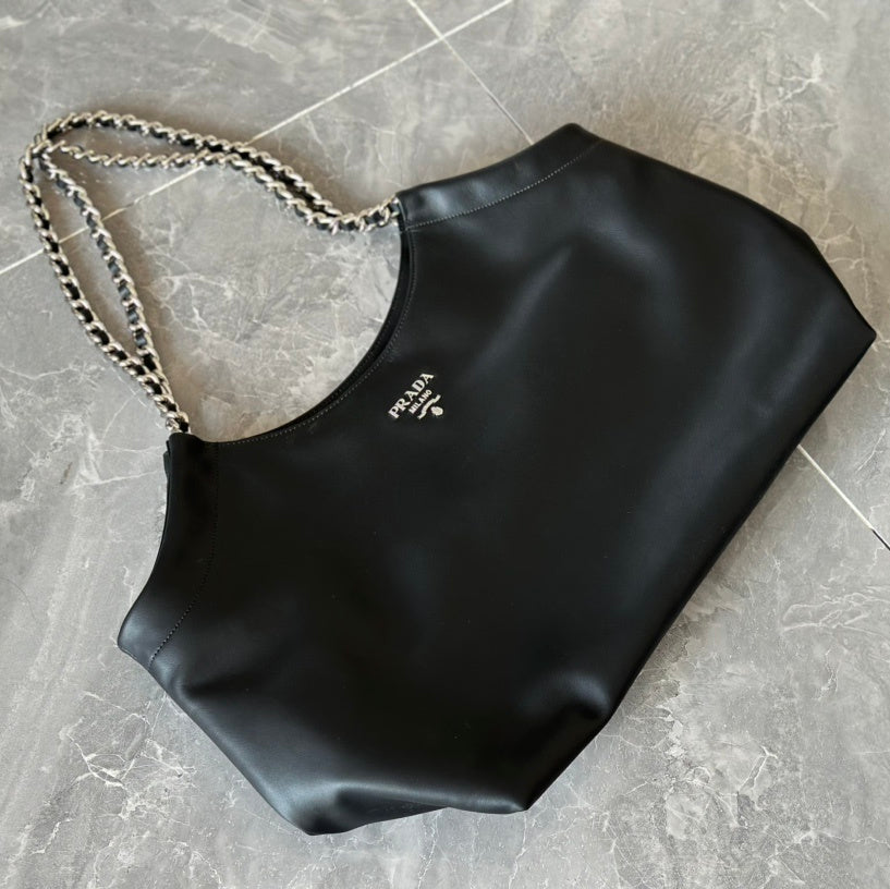 Prada Black Soft Calf Leather Chain Tote Bag