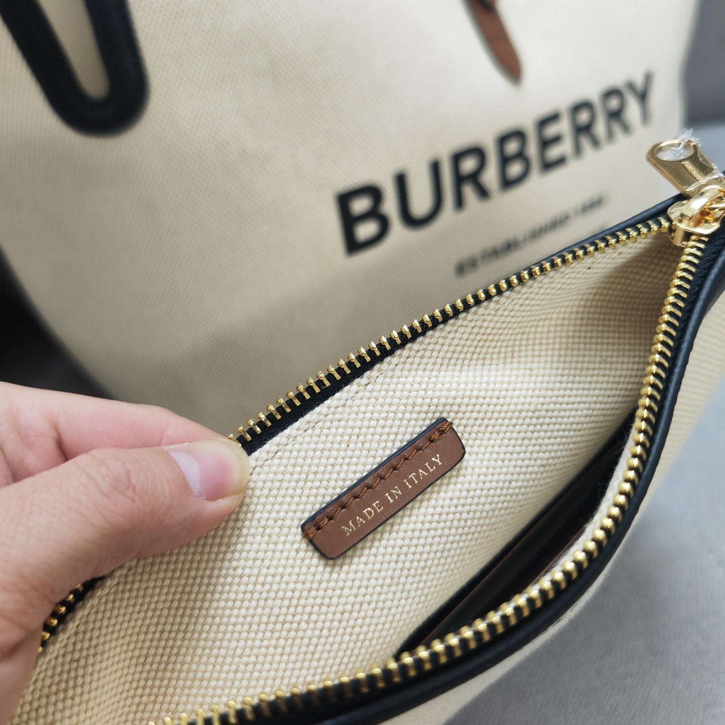 Burberry Medium Horseferry Canvas Tote Bag with Tan Leather Trim