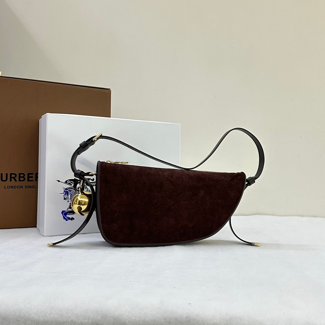 Burberry Shield Small Brown Suede Crescent Shoulder Bag