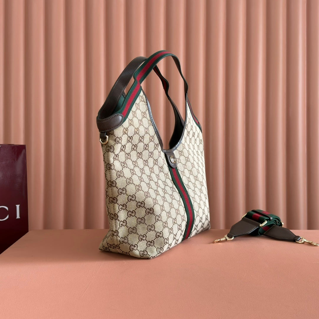 Gucci Giglio Large Tote Bag in Beige and Dark Brown GG Canvas with Web Trim