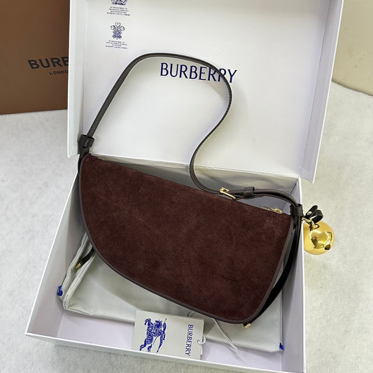 Burberry Shield Small Brown Suede Crescent Shoulder Bag