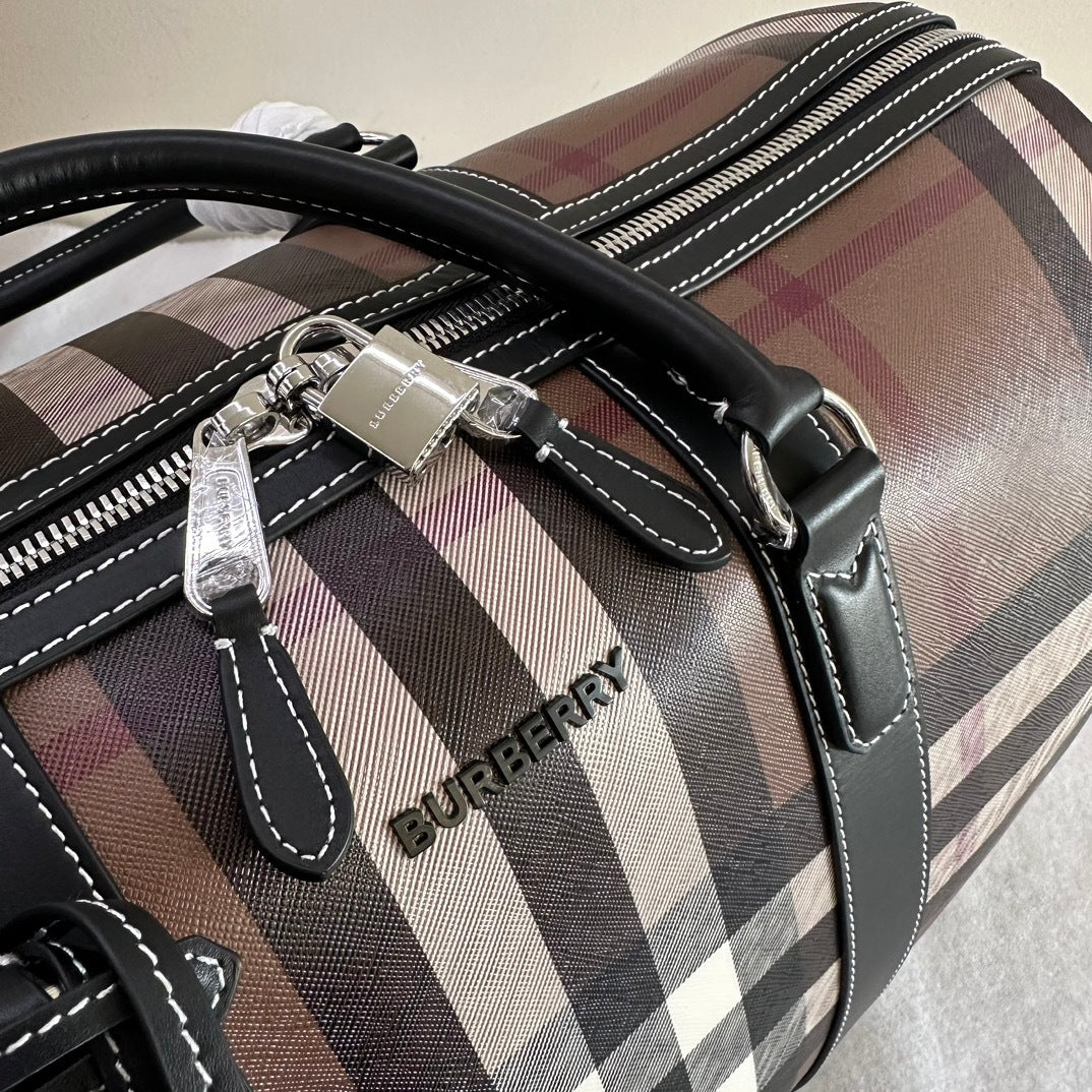 Burberry Boston Duffle Bag Iconic Check Canvas with Leather Luggage Tag