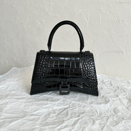 Balenciaga Hourglass Croc-Embossed Black Luxury Handbag