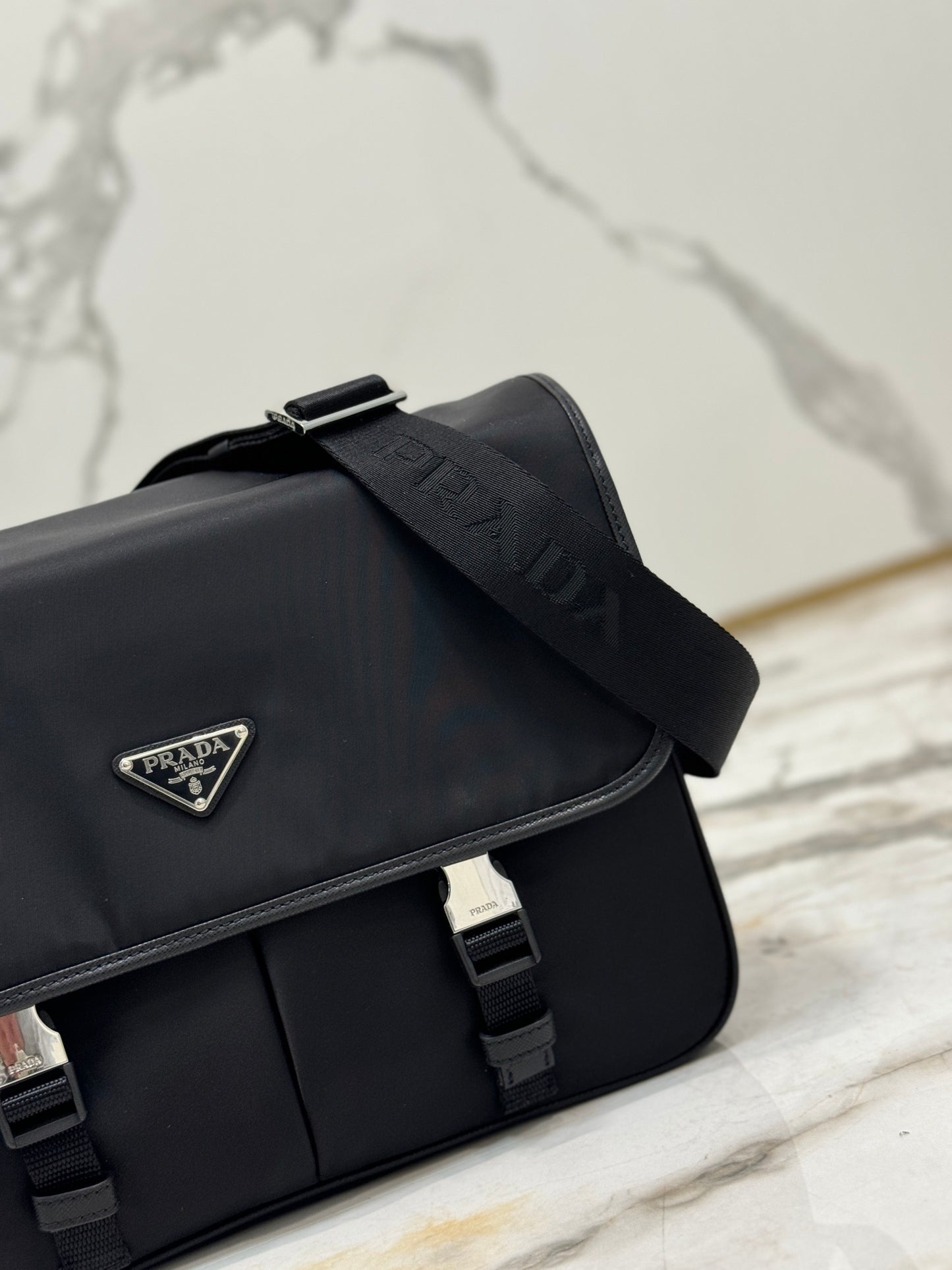 Prada Re-Nylon & Saffiano Leather Shoulder Bag – Black with Triangle Logo