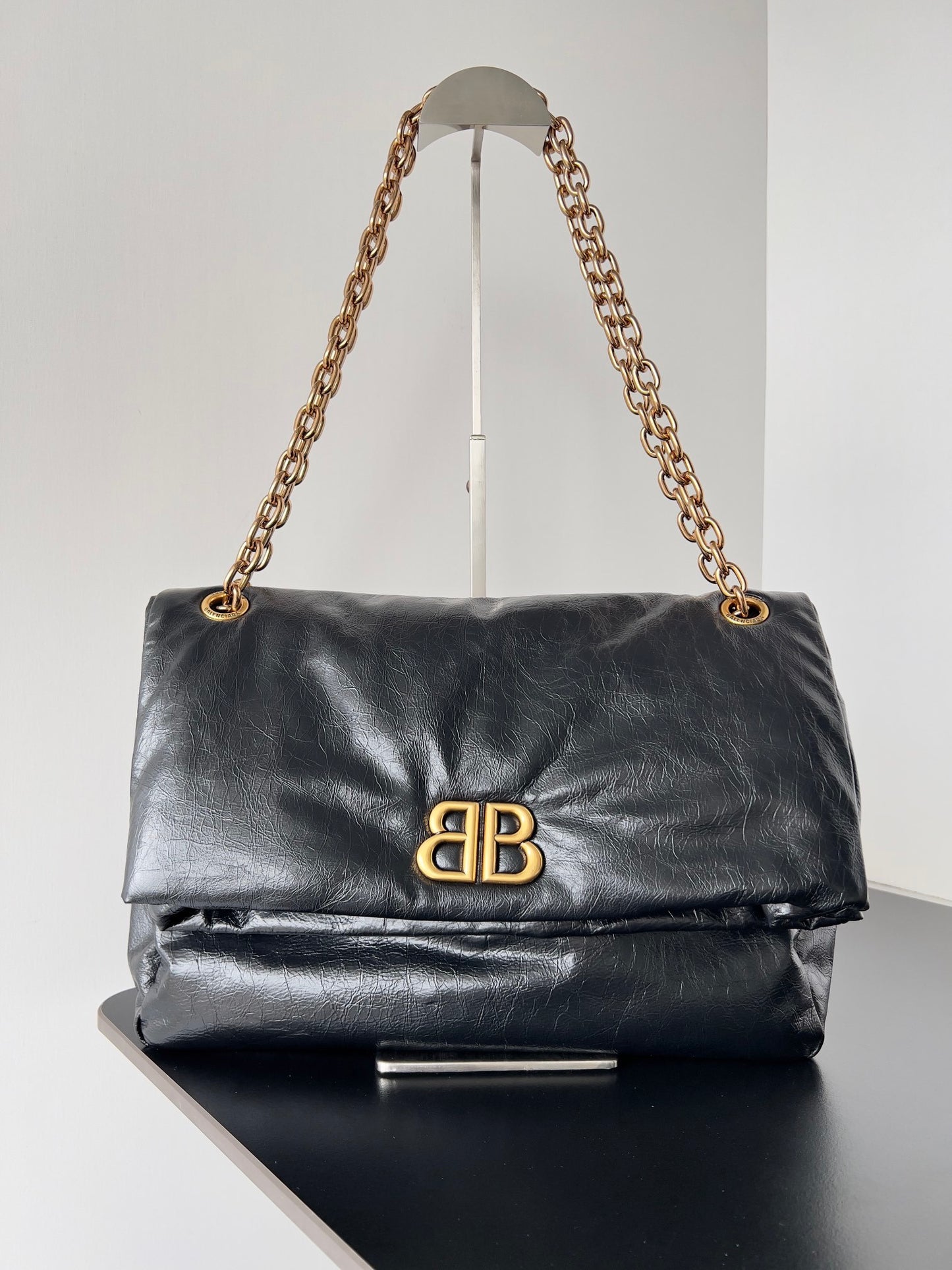 Balenciaga Monaco Black Crinkled Calfskin Shoulder Bag
