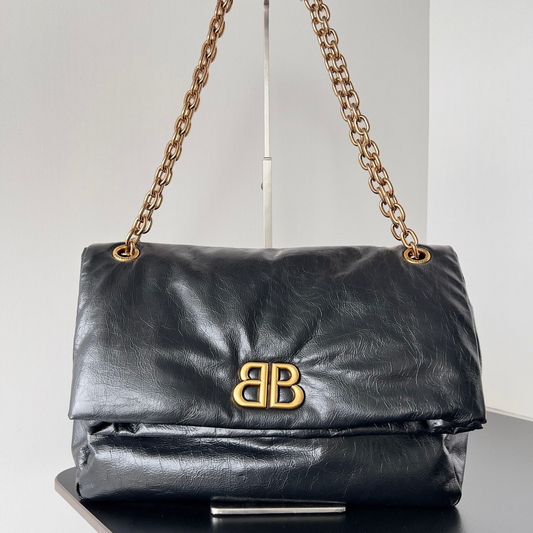 Balenciaga Monaco Black Crinkled Calfskin Shoulder Bag