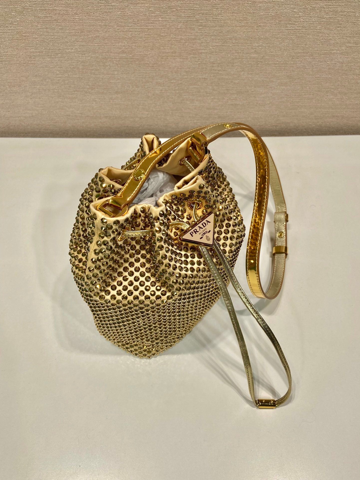 Prada Crystal-Embellished Gold Silk Bucket Bag