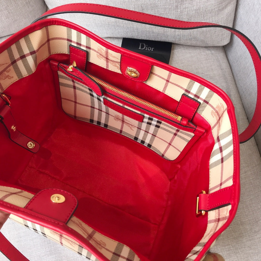 Burberry Canterbury Tote Haymarket Check Canvas & Red Leather Bag