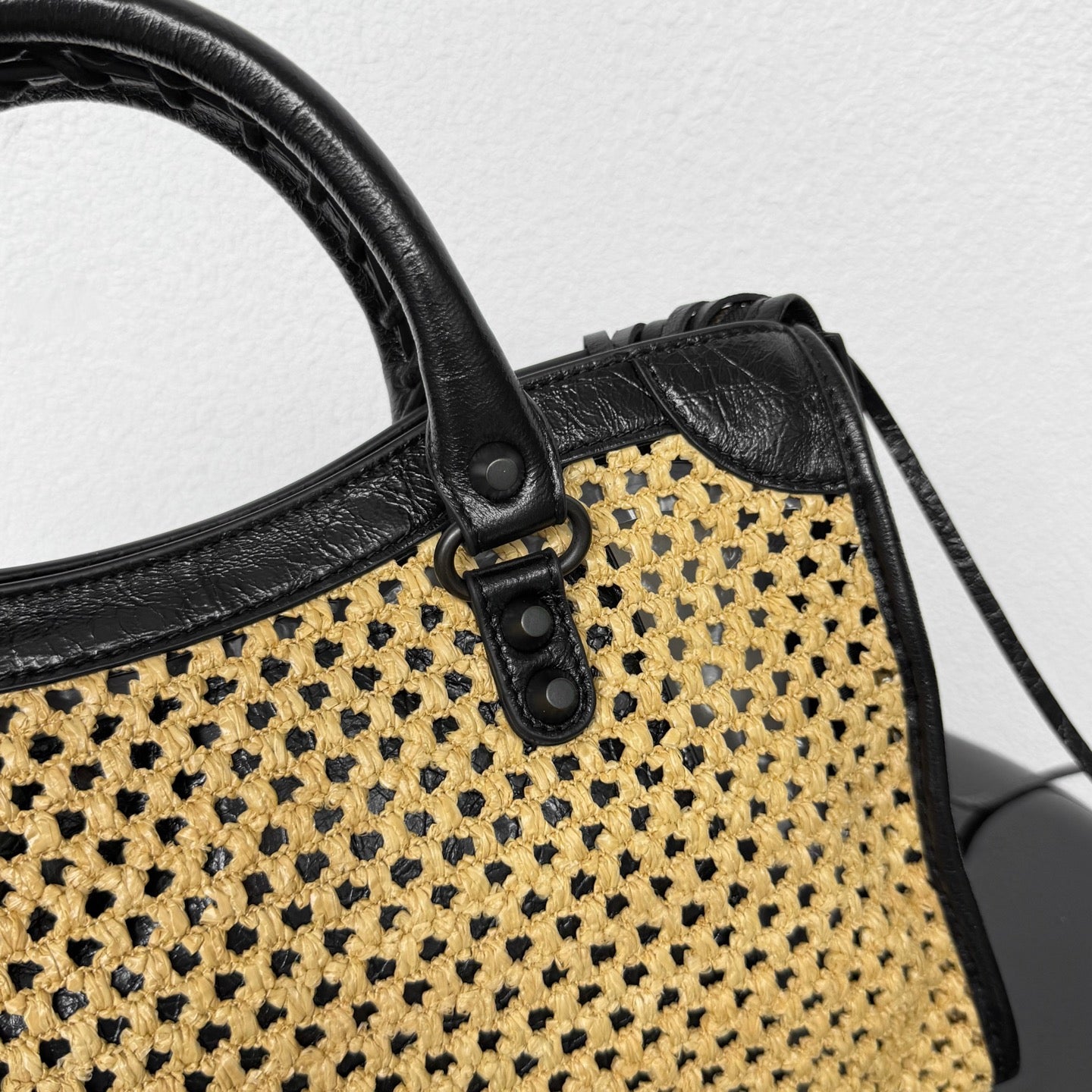 Balenciaga Small Le City Raffia Bag with Black Lambskin Trim