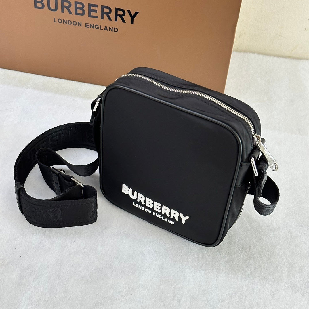 Burberry Logo Print Nylon Square Paddy Bag in Black with White Logo