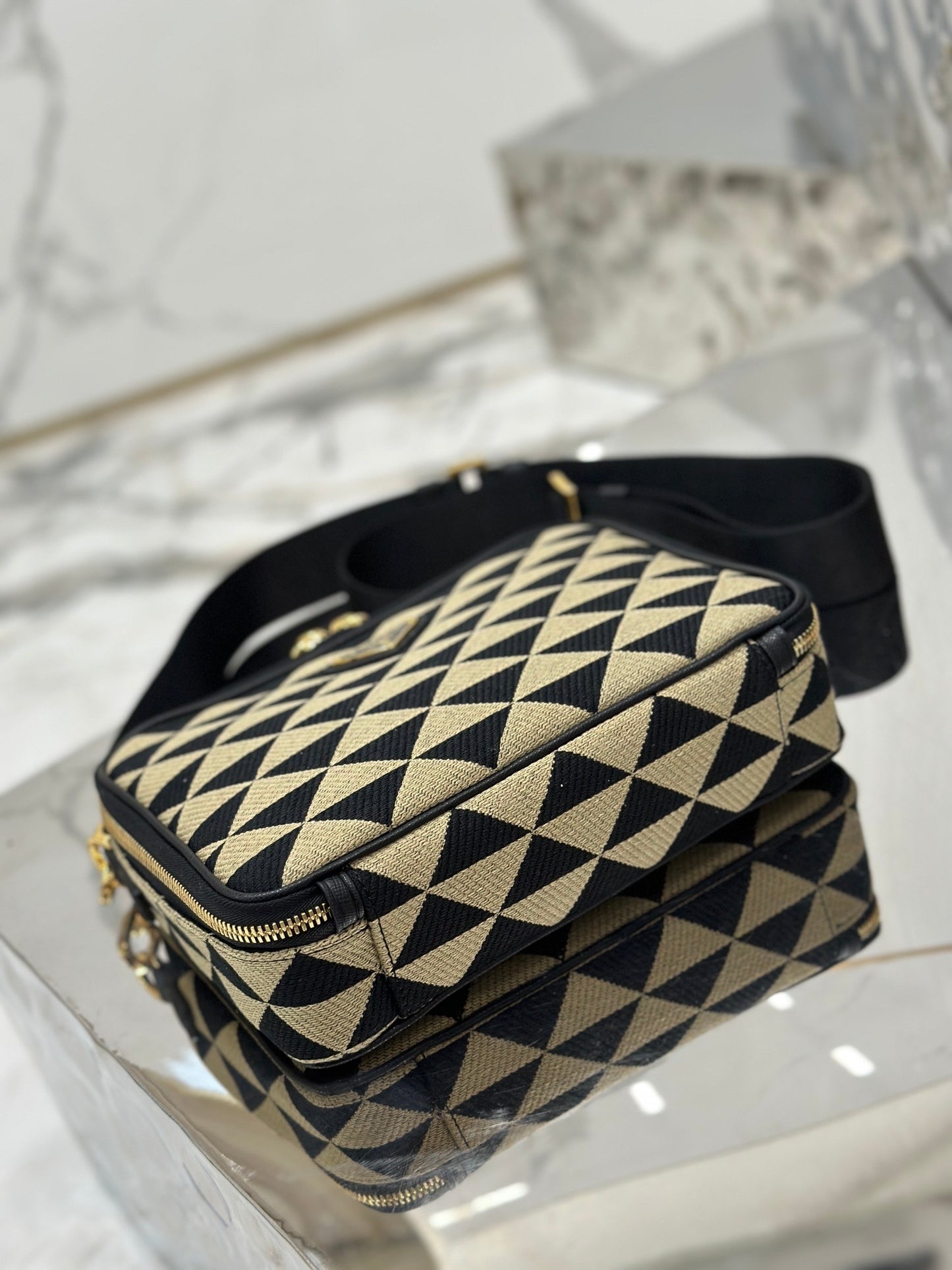 Prada Symbole Embroidered Fabric Messenger Bag in Black and Beige