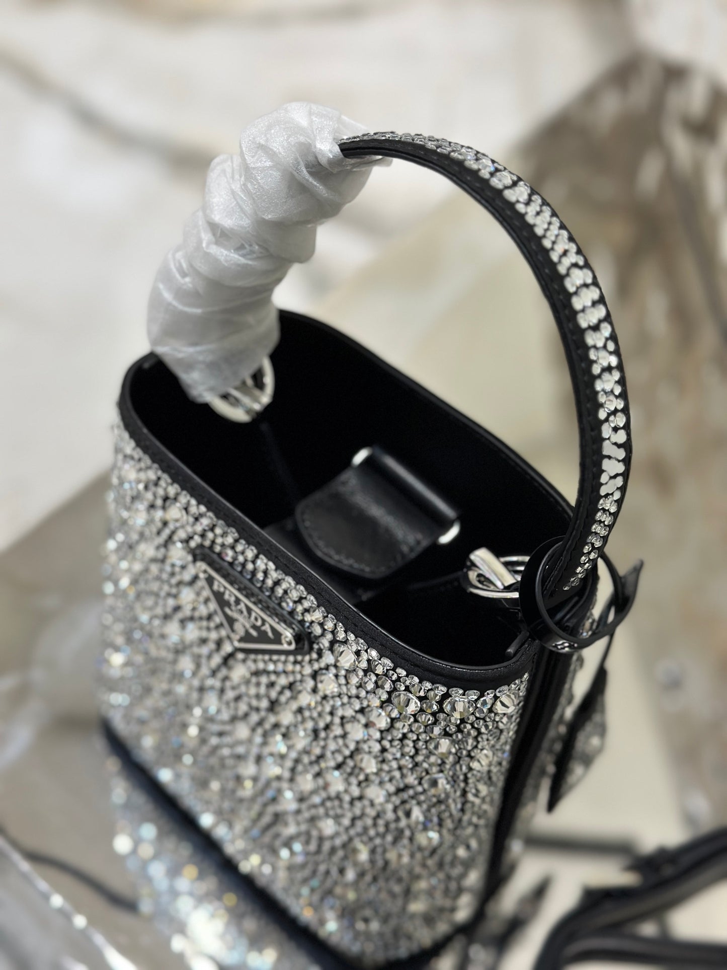 Prada Panier Crystal-Embellished Bucket Bag with Triangle Logo