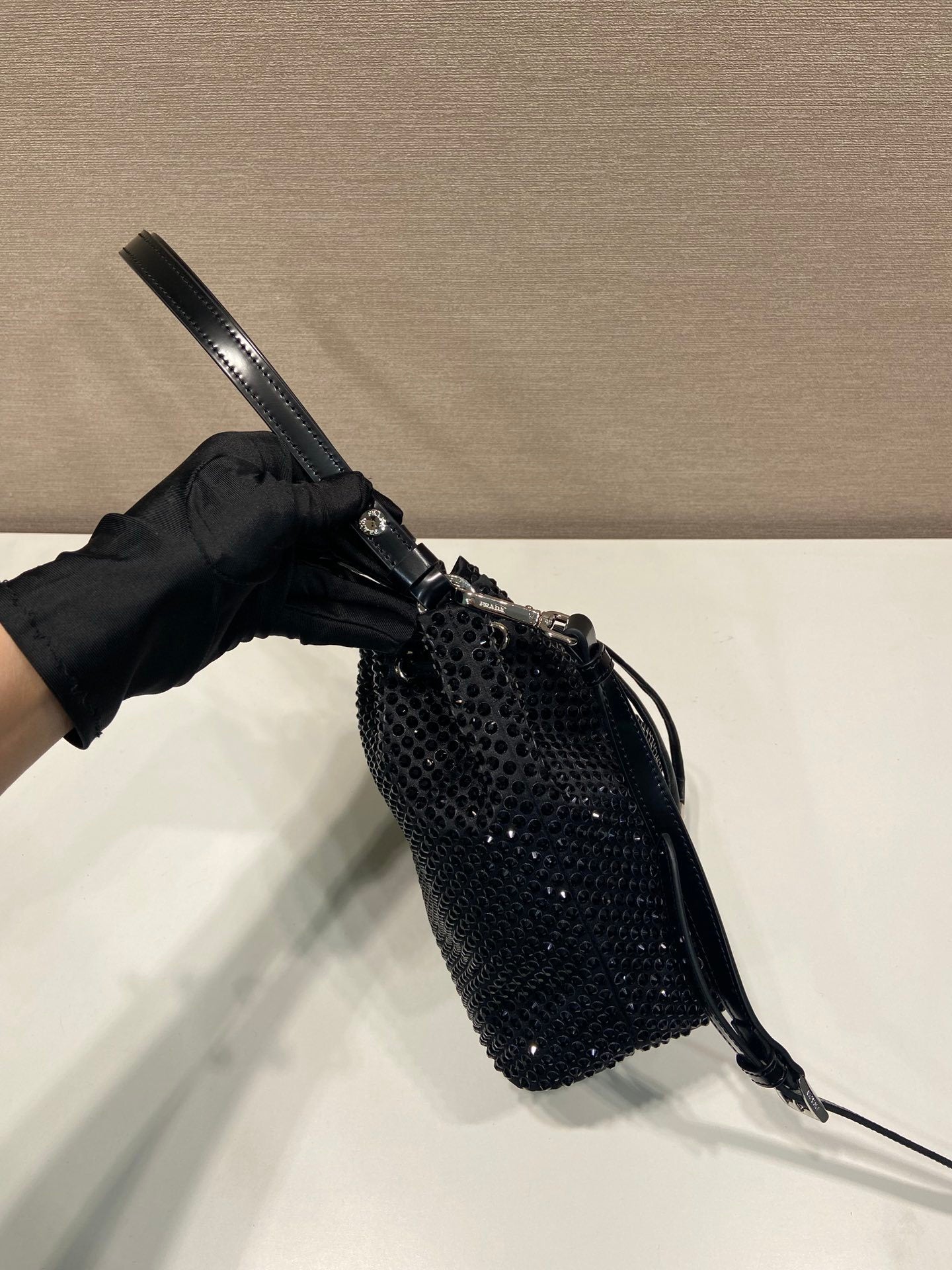 Prada Crystal-Embellished Mini Satin Bucket Bag – Black