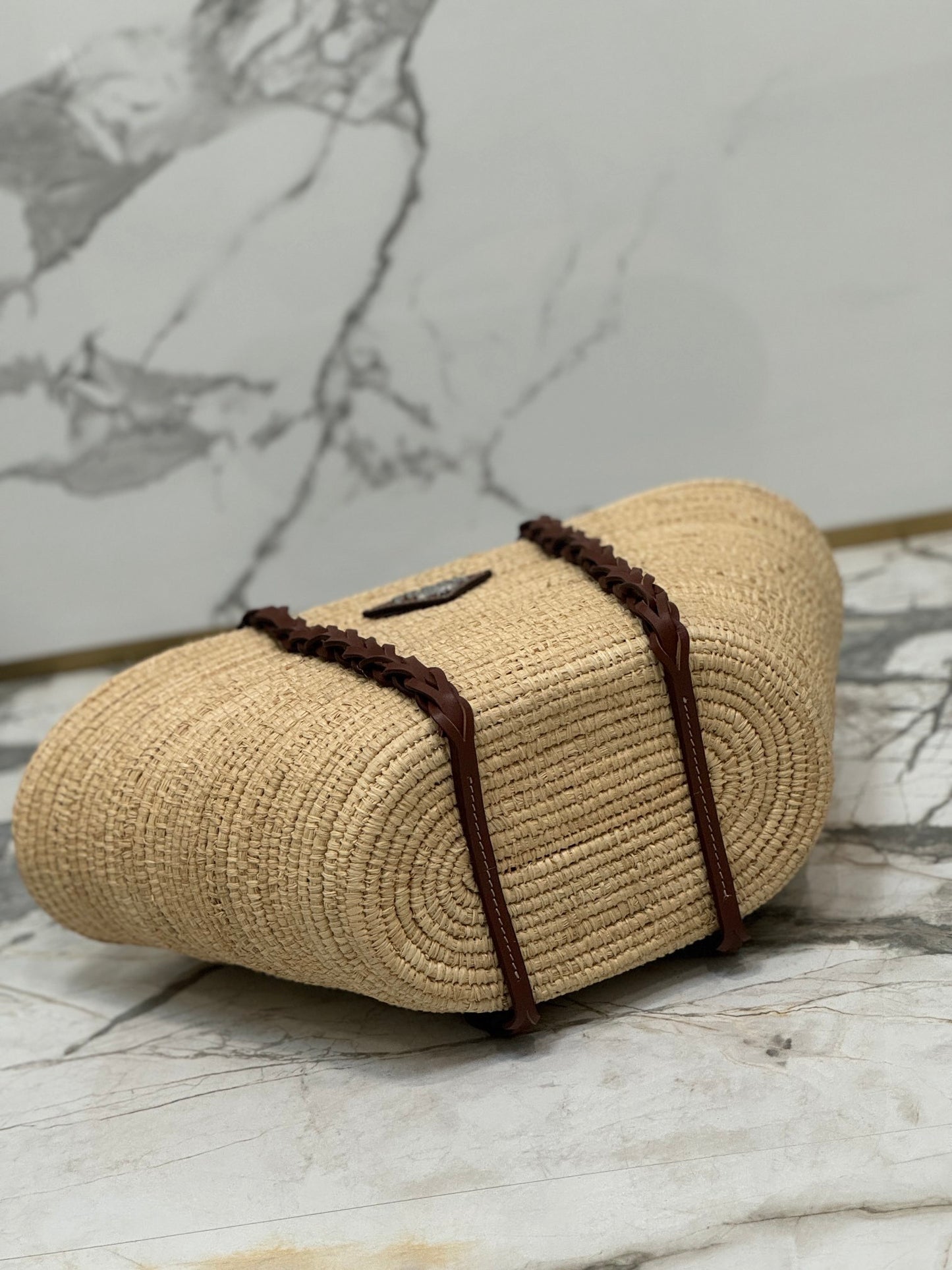 Prada Logo Leather-Trimmed Raffia Basket Bag – Natural/Beige & Cognac with Braided Leather Handles