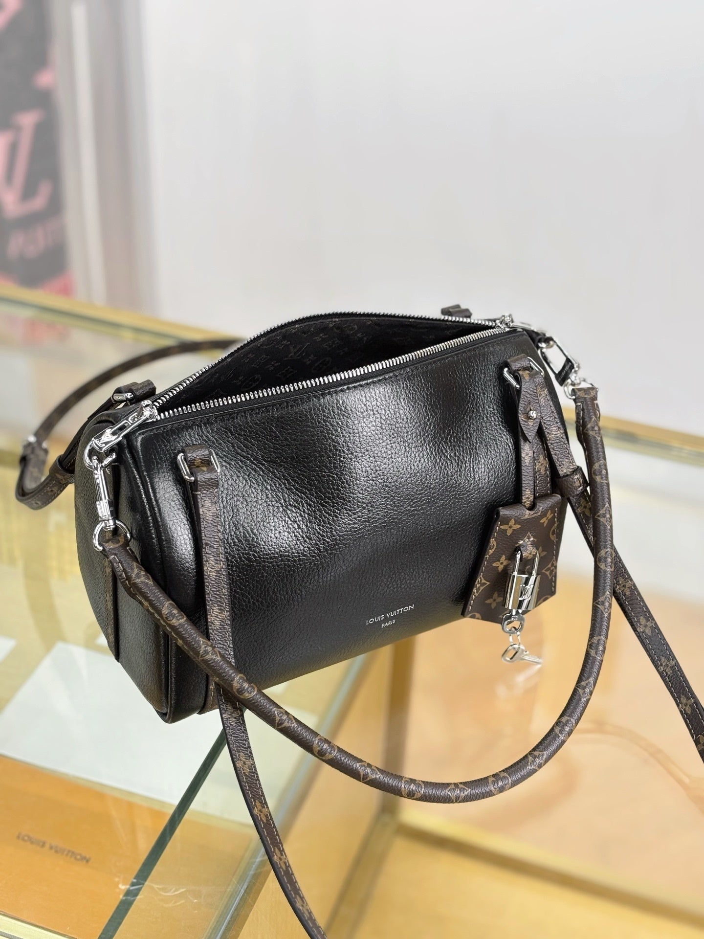 Louis Vuitton Express PM Handbag in Black Calfskin with Monogram Canvas Trim