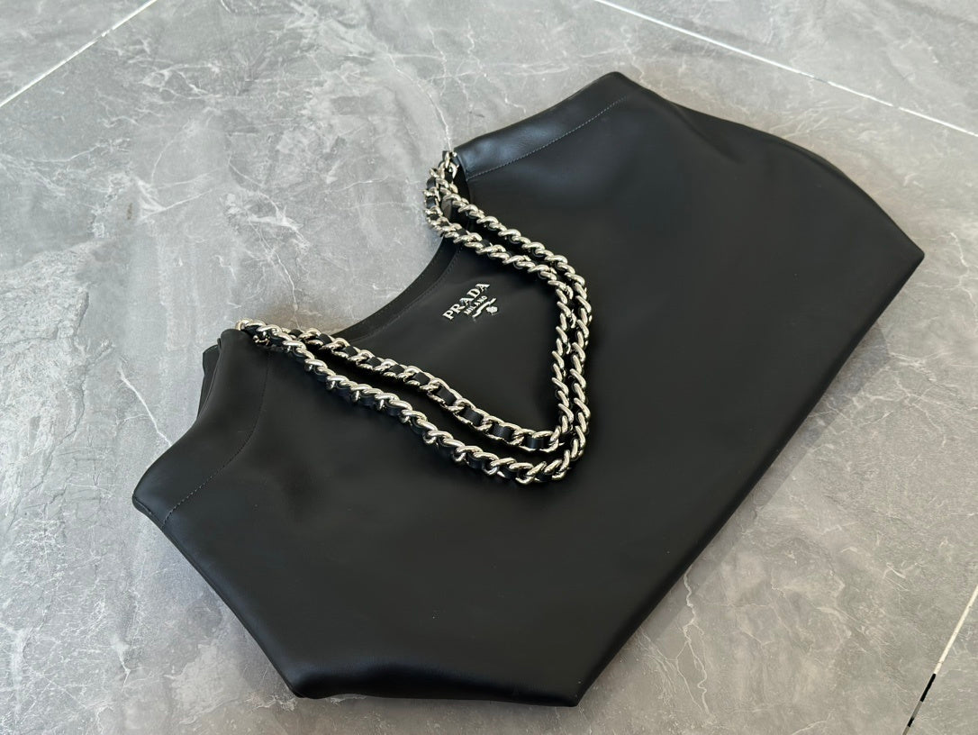 Prada Black Soft Calf Leather Chain Tote Bag