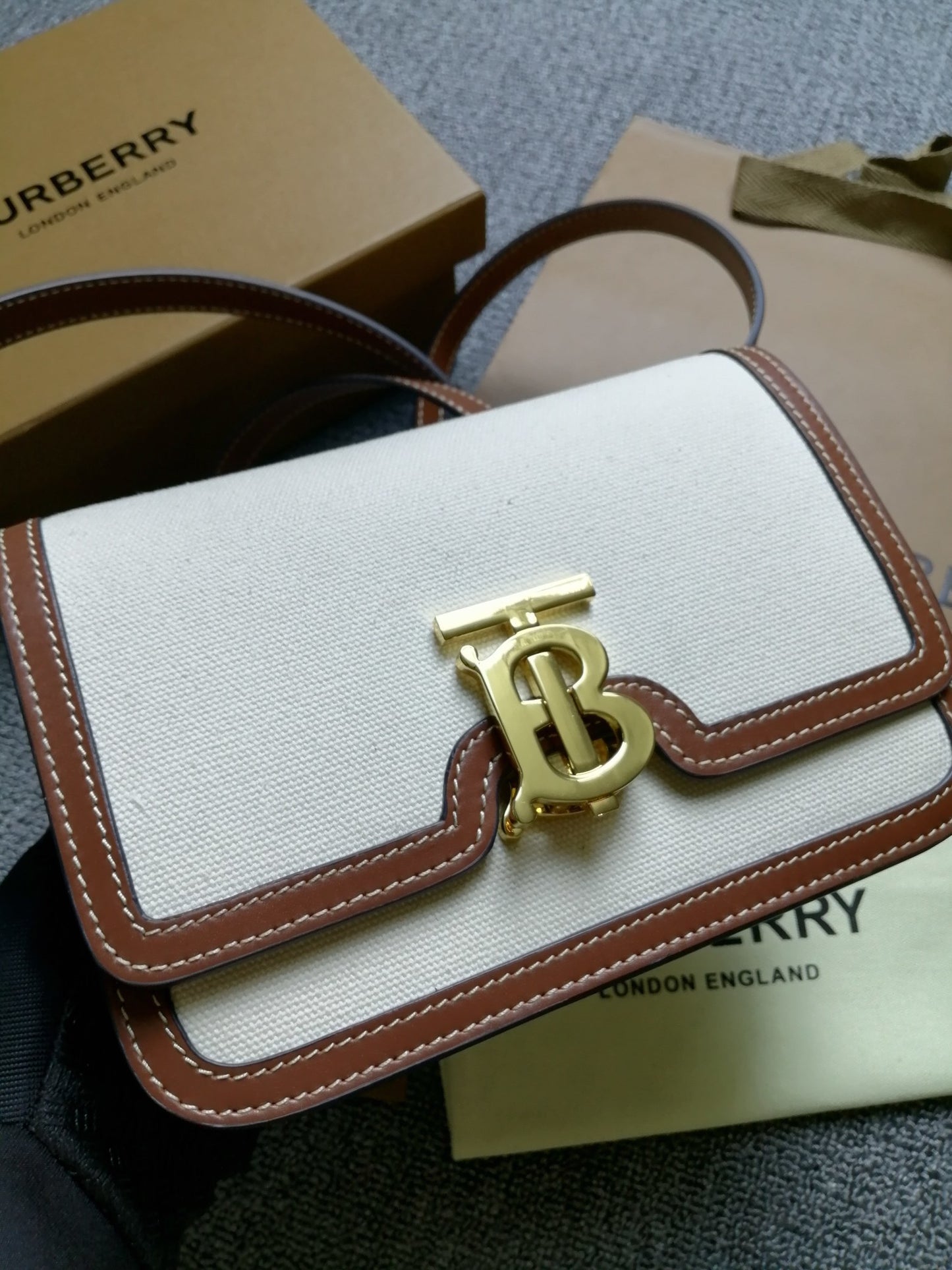 Burberry Small Two-Tone Canvas & Leather TB Bag with Gold Monogram Clasp