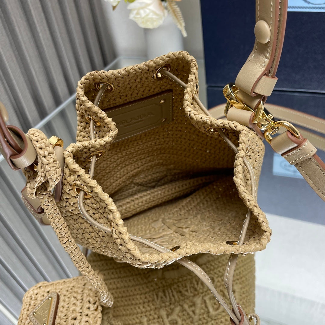 Prada Crochet Mini Bucket Bag – Beige Raffia with Leather Drawstring