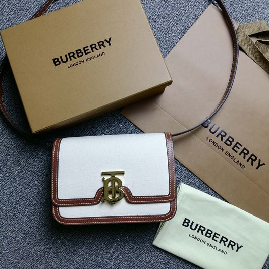 Burberry Small Two-Tone Canvas & Leather TB Bag with Gold Monogram Clasp