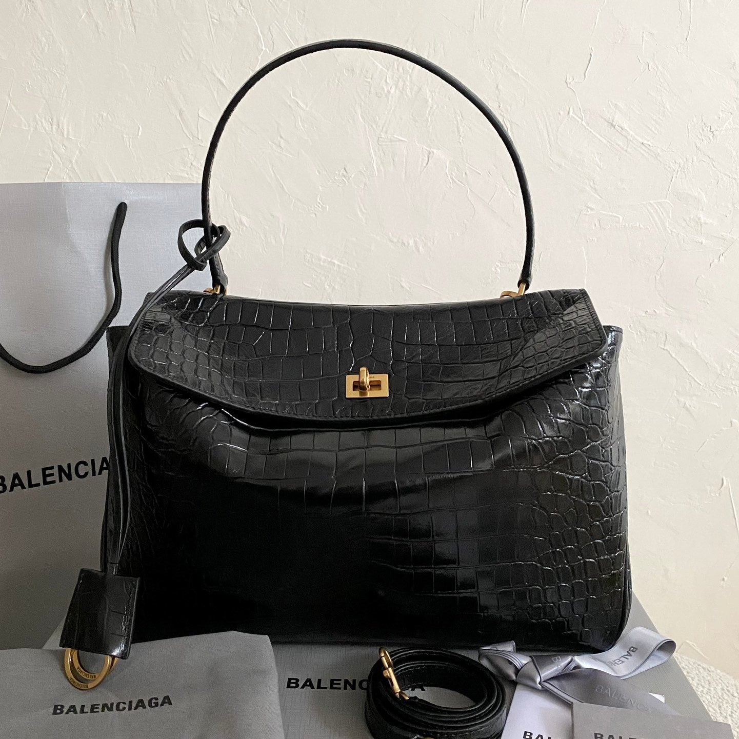 Balenciaga Rodeo Black Croc-Embossed Calfskin Luxury Handbag