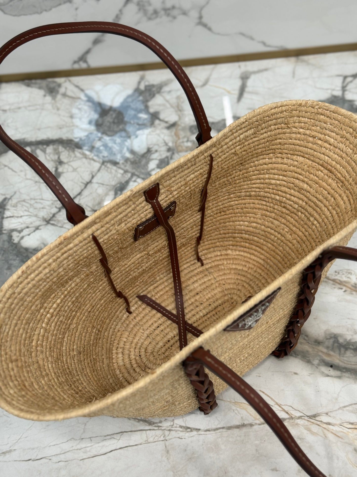 Prada Logo Leather-Trimmed Raffia Basket Bag – Natural/Beige & Cognac with Braided Leather Handles