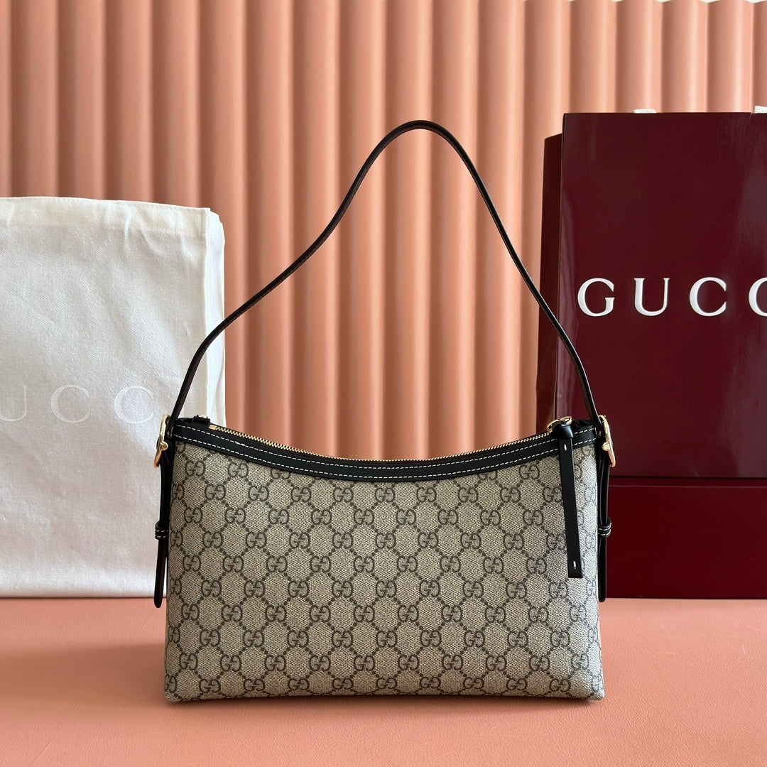 Gucci GG Emblem Medium Shoulder Bag in Beige & Dark Brown Fabric with Leather Trim