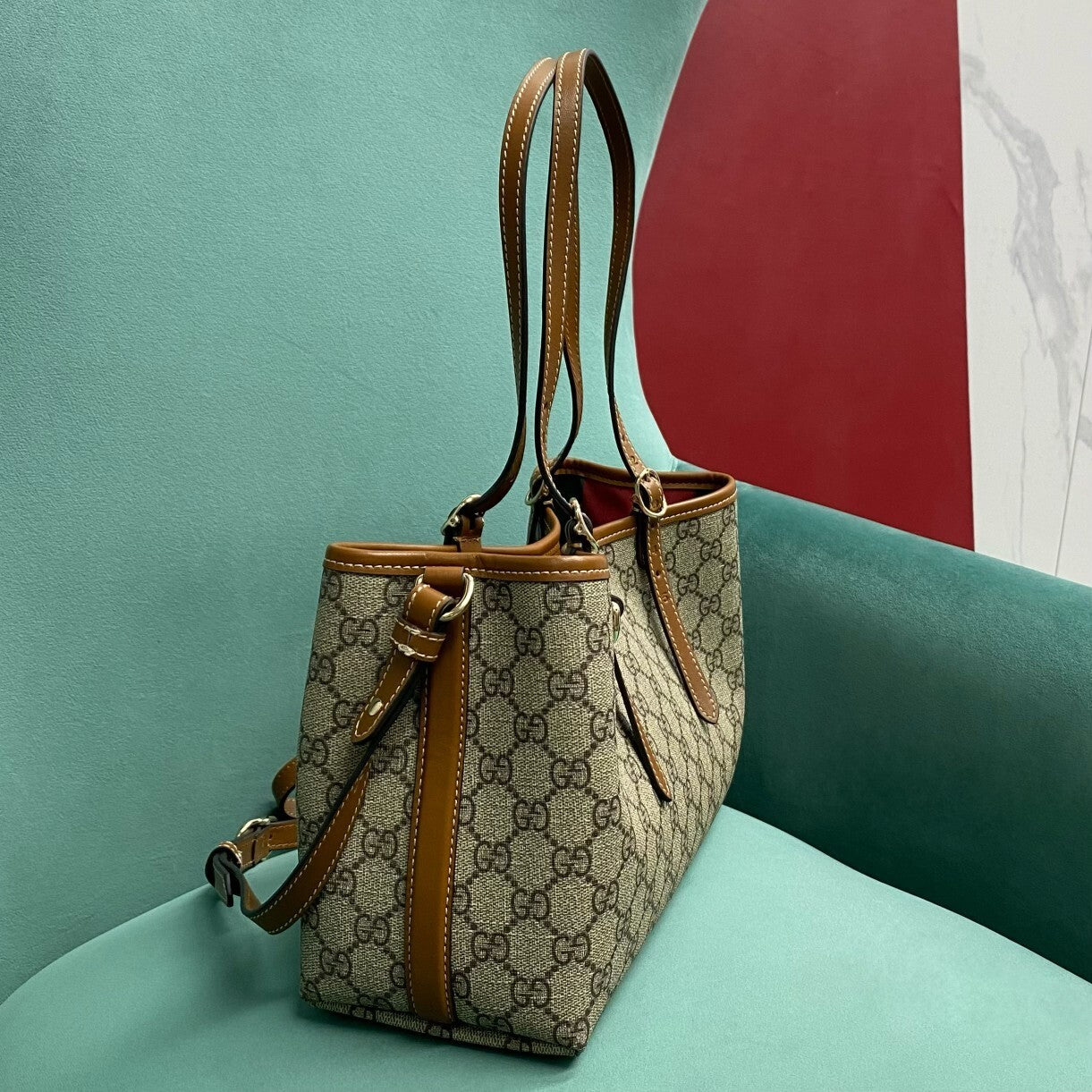 Gucci GG Emblem Medium Tote Bag in Beige Monogram with Brown Leather Trim