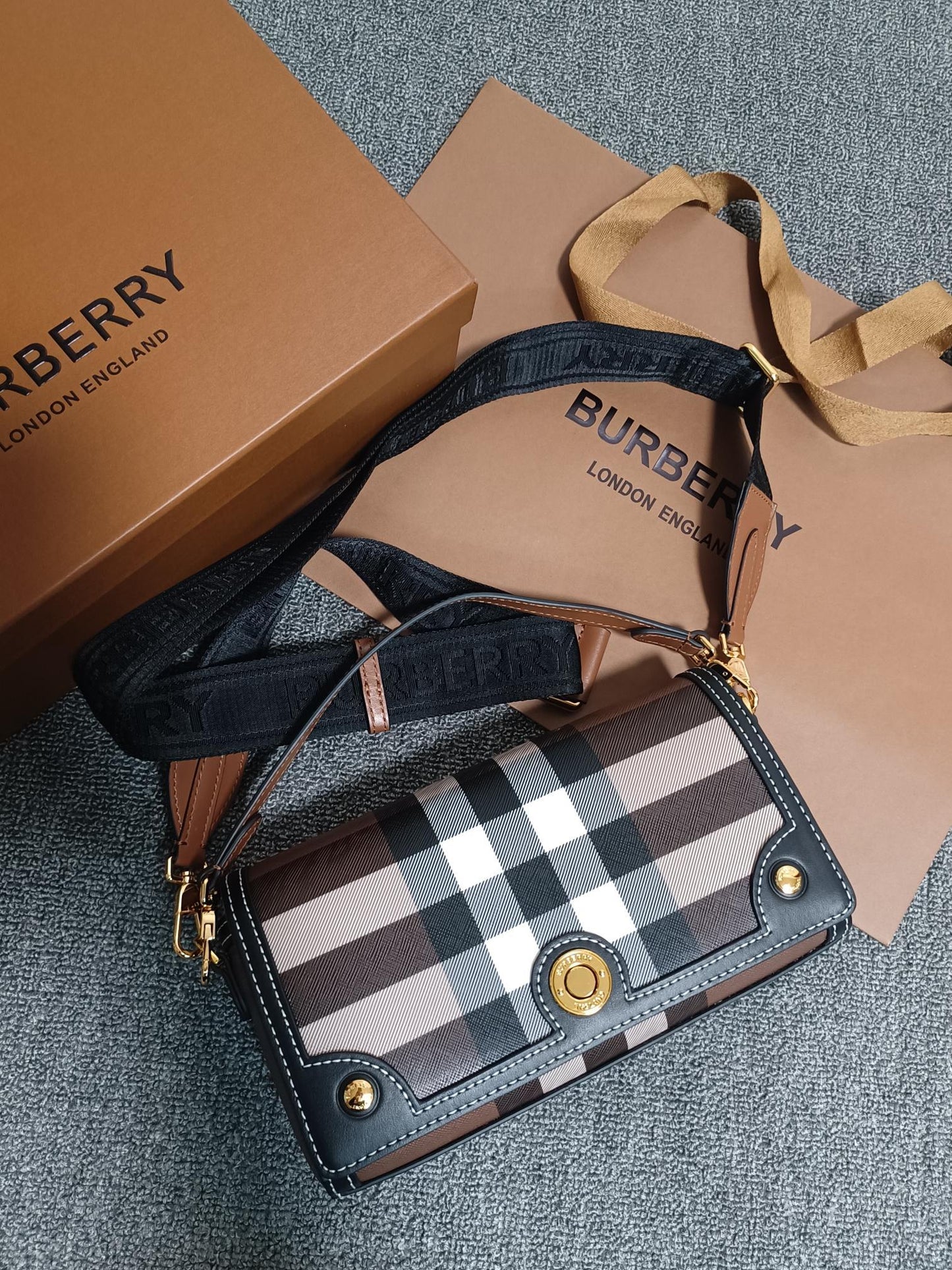 Burberry Note Bag Dark Birch Brown Check Canvas Luxury Crossbody