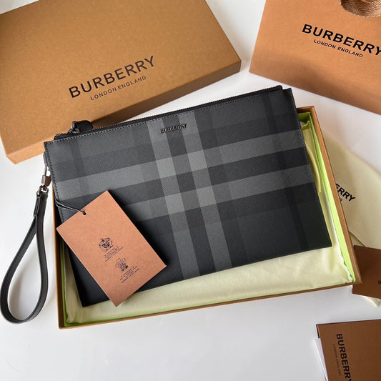 Burberry Edin Check Zip Pouch in Charcoal with Detachable Wrist Strap